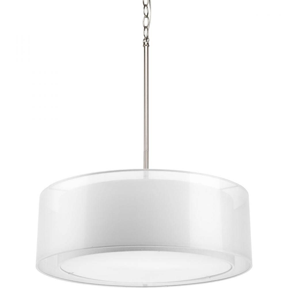 Three Light Brushed Nickel White Glass Drum Shade Pendant : P5037 Inside White Drum Lights Fixtures (View 11 of 15)