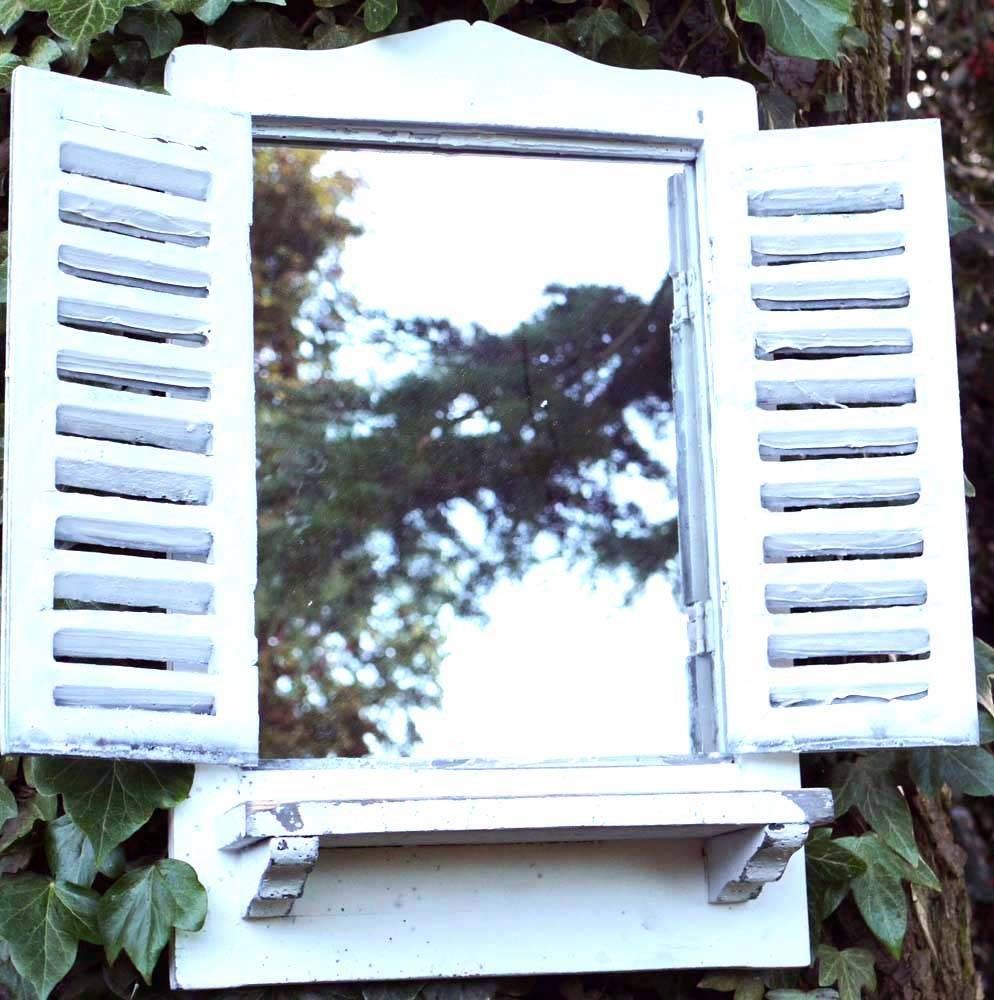 Wooden Wall Mirror – Distressed Shutter Mirror Window With Shelf Inside Window Shutter Mirrors (View 4 of 15)