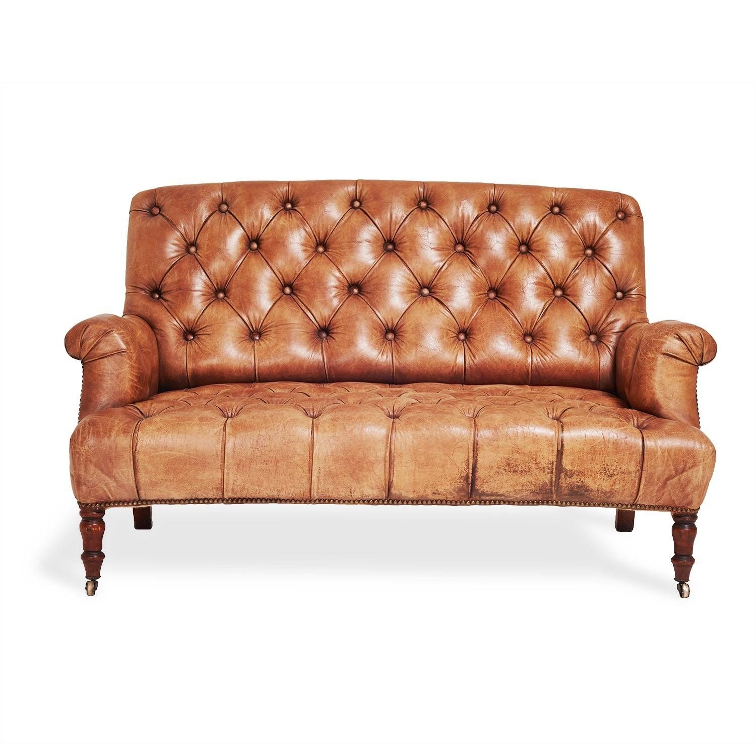 2 Seater Brown Leather Tufted Sofa With Wooden Legs For Small With Brown Leather Tufted Sofas (View 3 of 15)