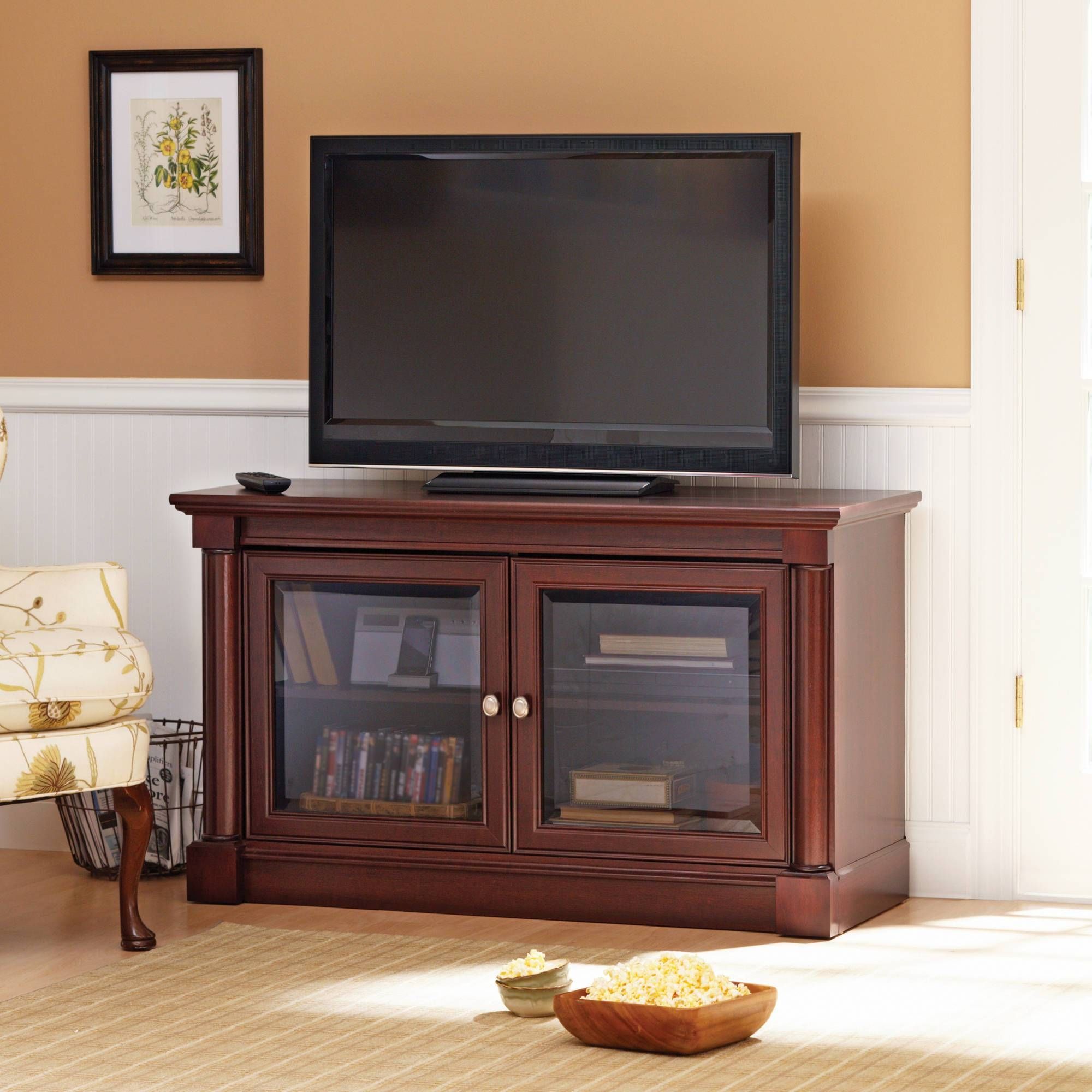 Better Homes And Gardens Ashwood Road Cherry Tv Stand, For Tvs Up Regarding Wood Tv Stand With Glass (View 8 of 15)