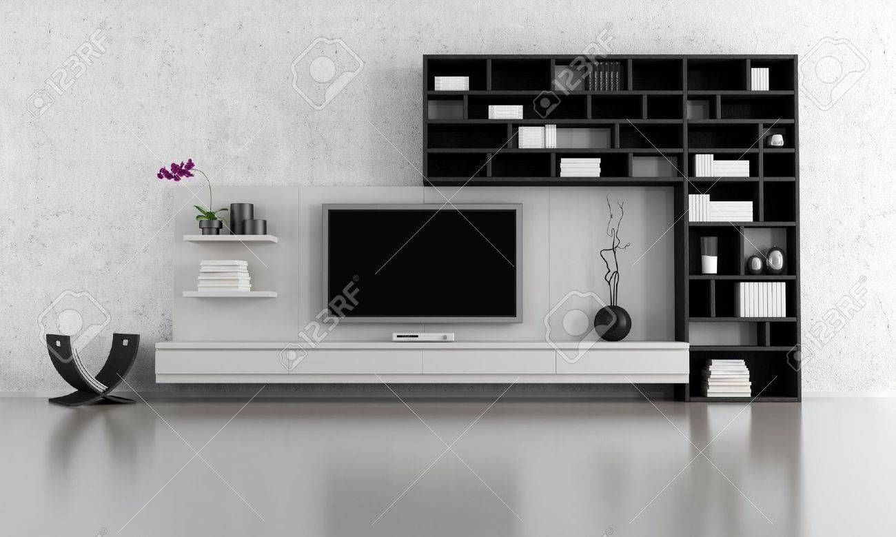 Black And White Living Room With Tv Stand And Bookcase – Rendering In White And Black Tv Stands (Photo 7 of 15)