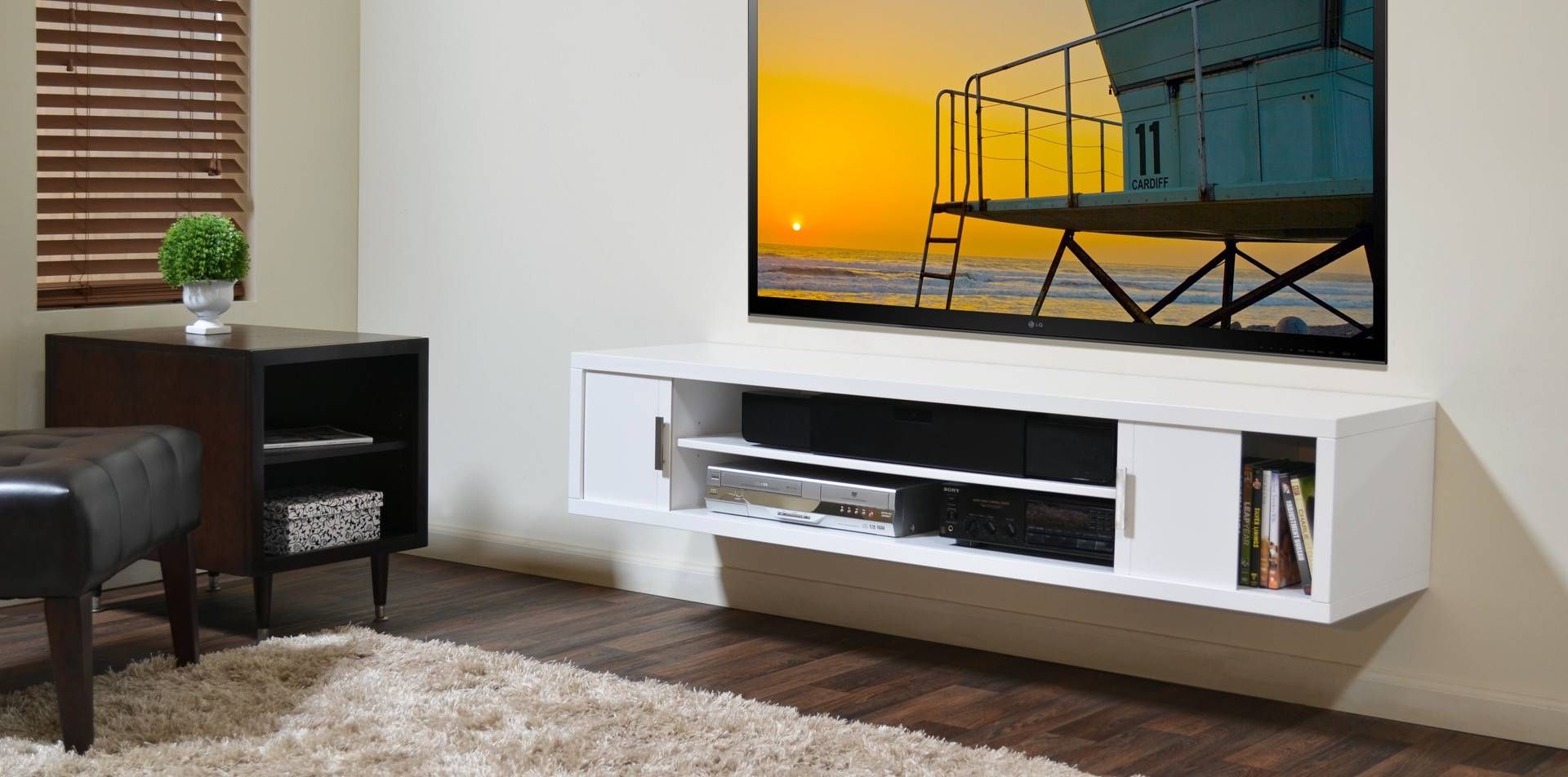 Brown Wall Mounted Media Shelf And Tv Stand – Decofurnish Within White Wall Mounted Tv Stands (View 12 of 15)