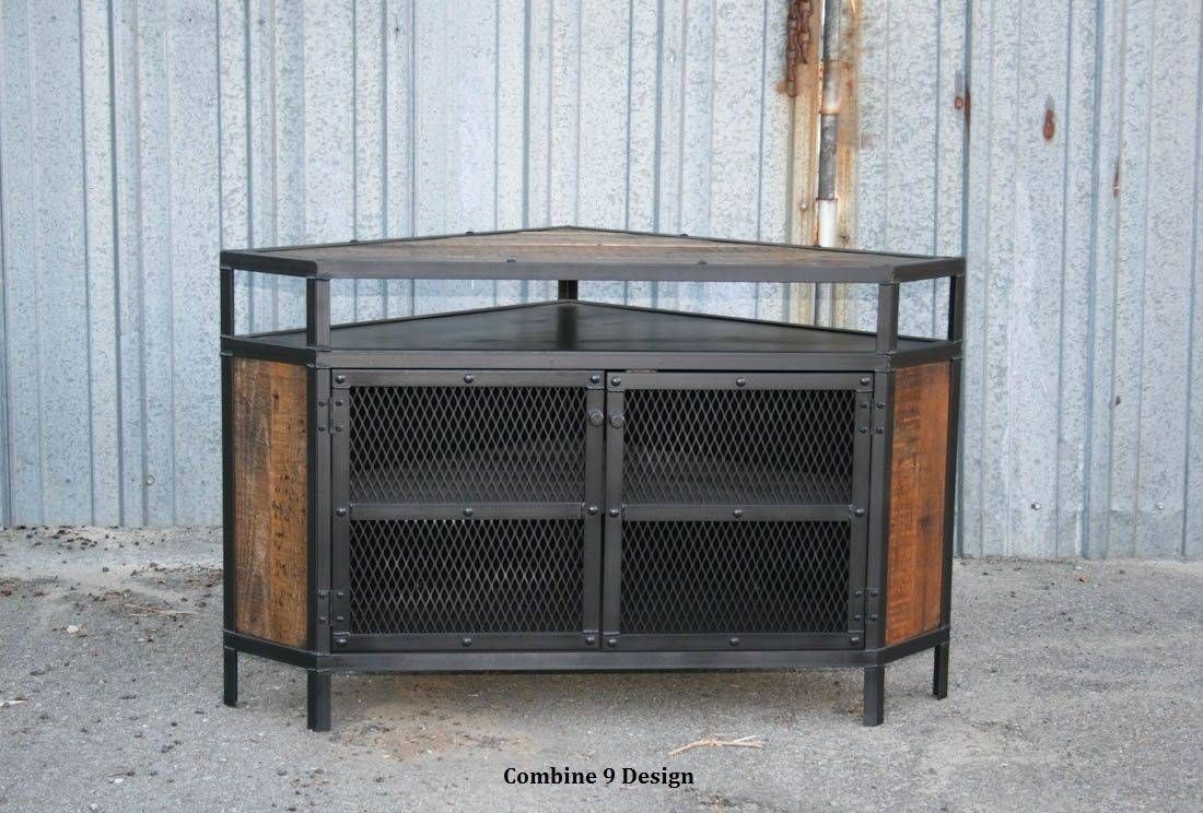 Buy A Custom Vintage Industrial Tv Stand – Corner Unit Media Inside Reclaimed Wood And Metal Tv Stands (View 6 of 15)