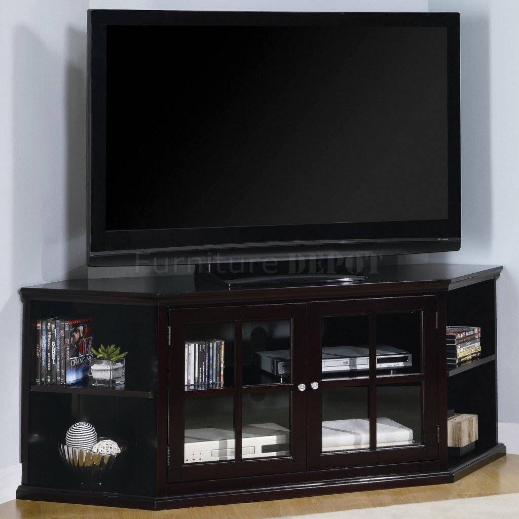 Corner Tv Stand With Double Framed Glass Cabinet Doors For Books Pertaining To Corner Tv Cabinets With Glass Doors (Photo 1 of 15)