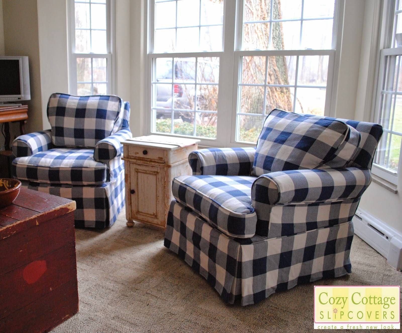Cozy Cottage Slipcovers: Blue And White Buffalo Check Slipcovers Regarding Blue Slipcovers (Photo 6 of 15)