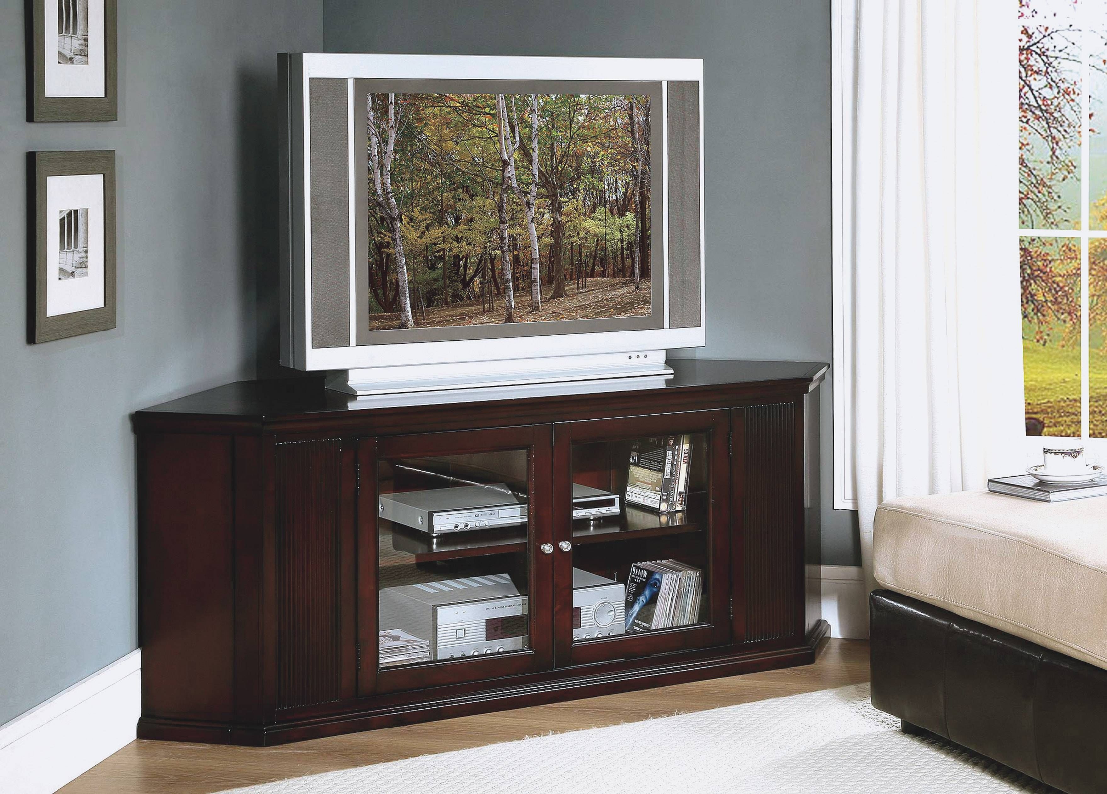 Dark Brown Oak Wood Corner Tv Stand With Glass Doors Of Dazzling In Corner Tv Cabinets With Glass Doors (View 10 of 15)