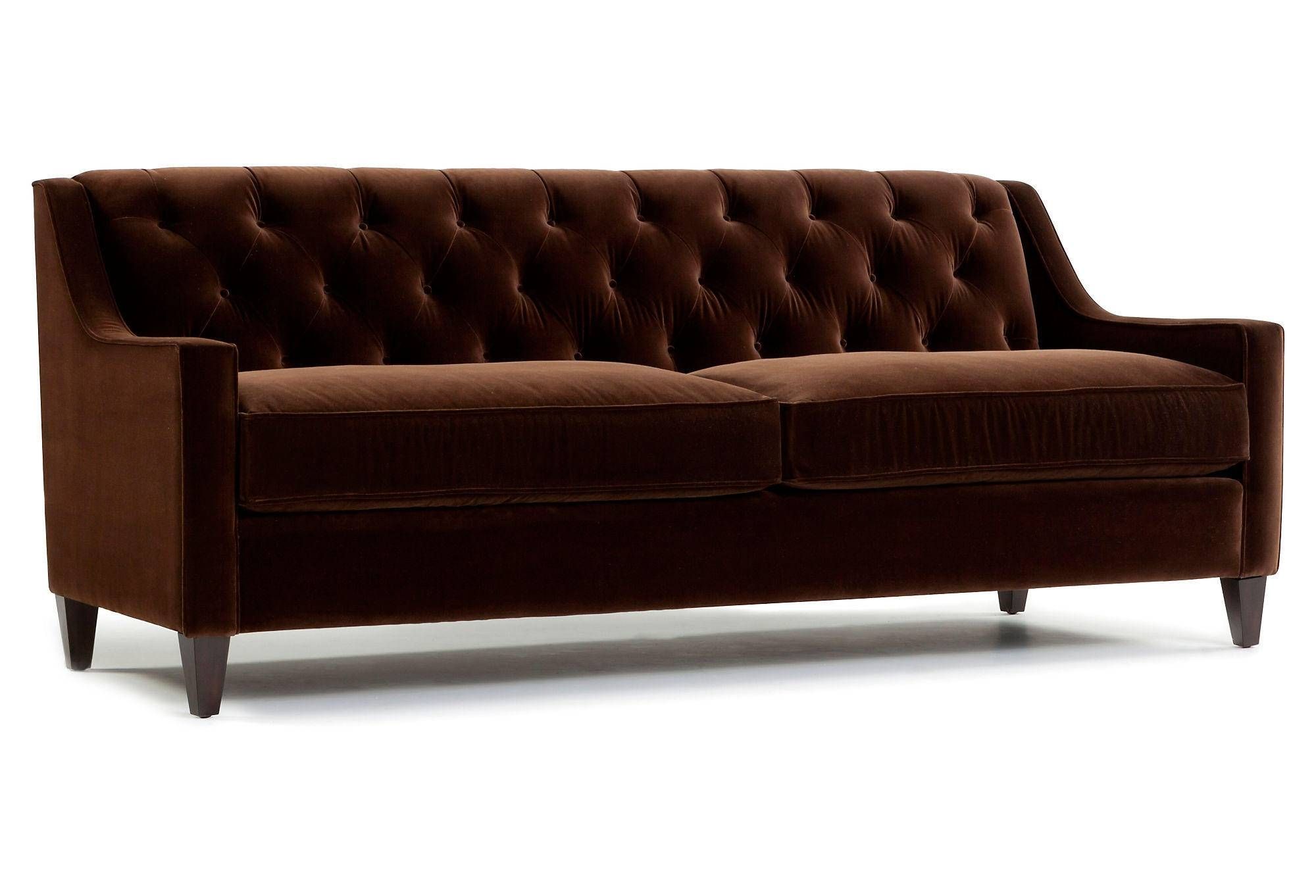 Dark Brown Velvet Tufted Sofa With Wooden Legs And 2 Cushions For Inside Brown Velvet Sofas (Photo 1 of 15)