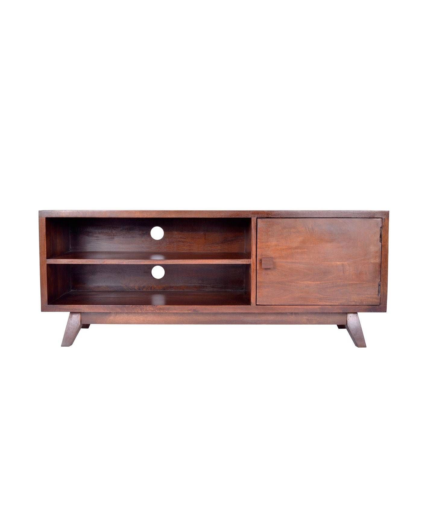 Dark Wood Tv Stand With Shelf Retro Design 100% Solid Wood In Mango Wood Tv Cabinets (View 9 of 15)
