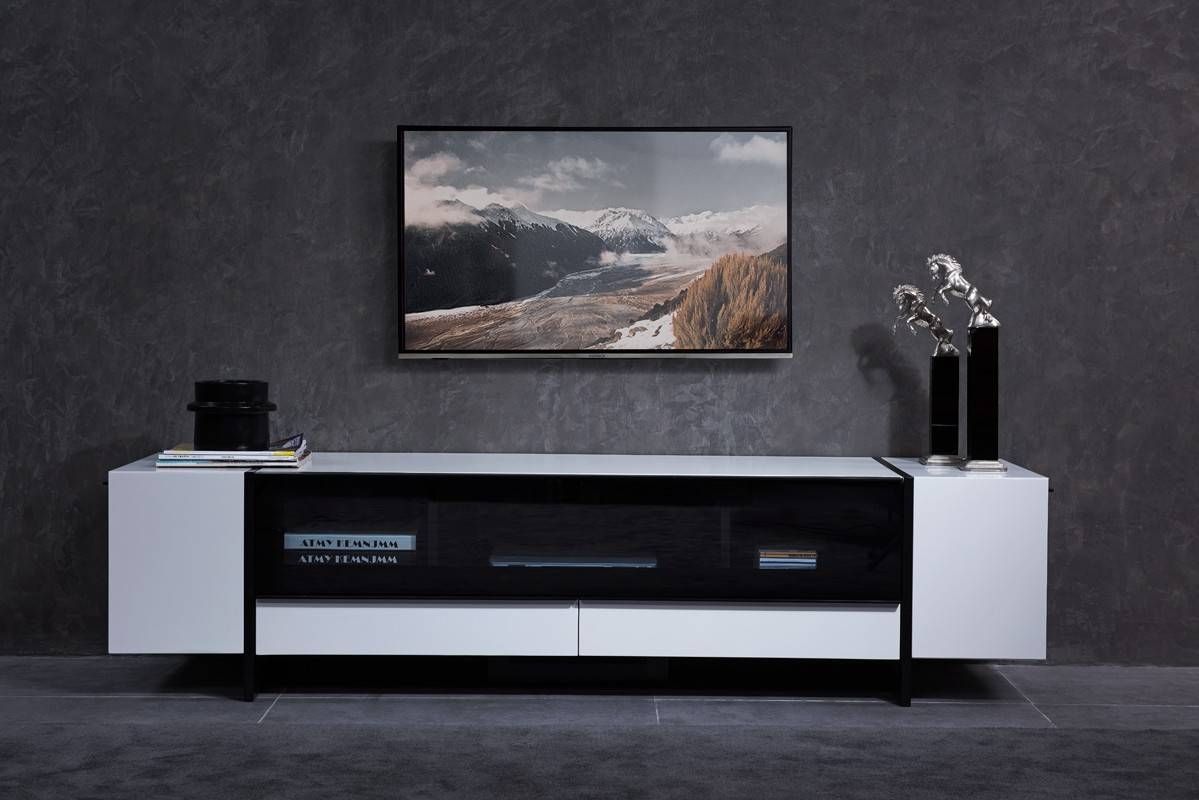 Domus Lorena Modern White & Gun Metal Black Tv Stand Inside White Modern Tv Stands (View 3 of 15)