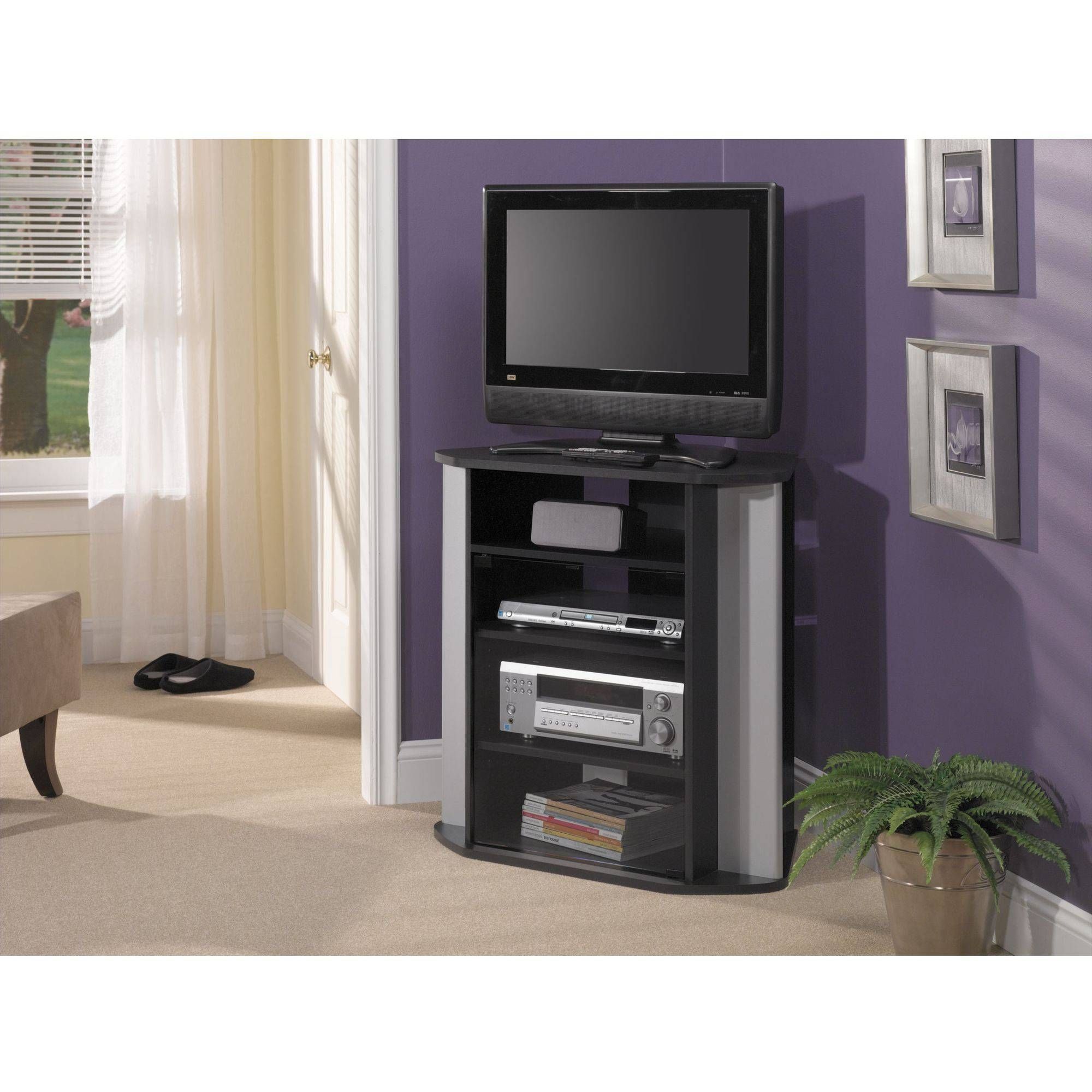 Elegant Black Gray Laminated Particle Wood Tall Corner Tv Stand For Black Wood Corner Tv Stands (Photo 8 of 15)