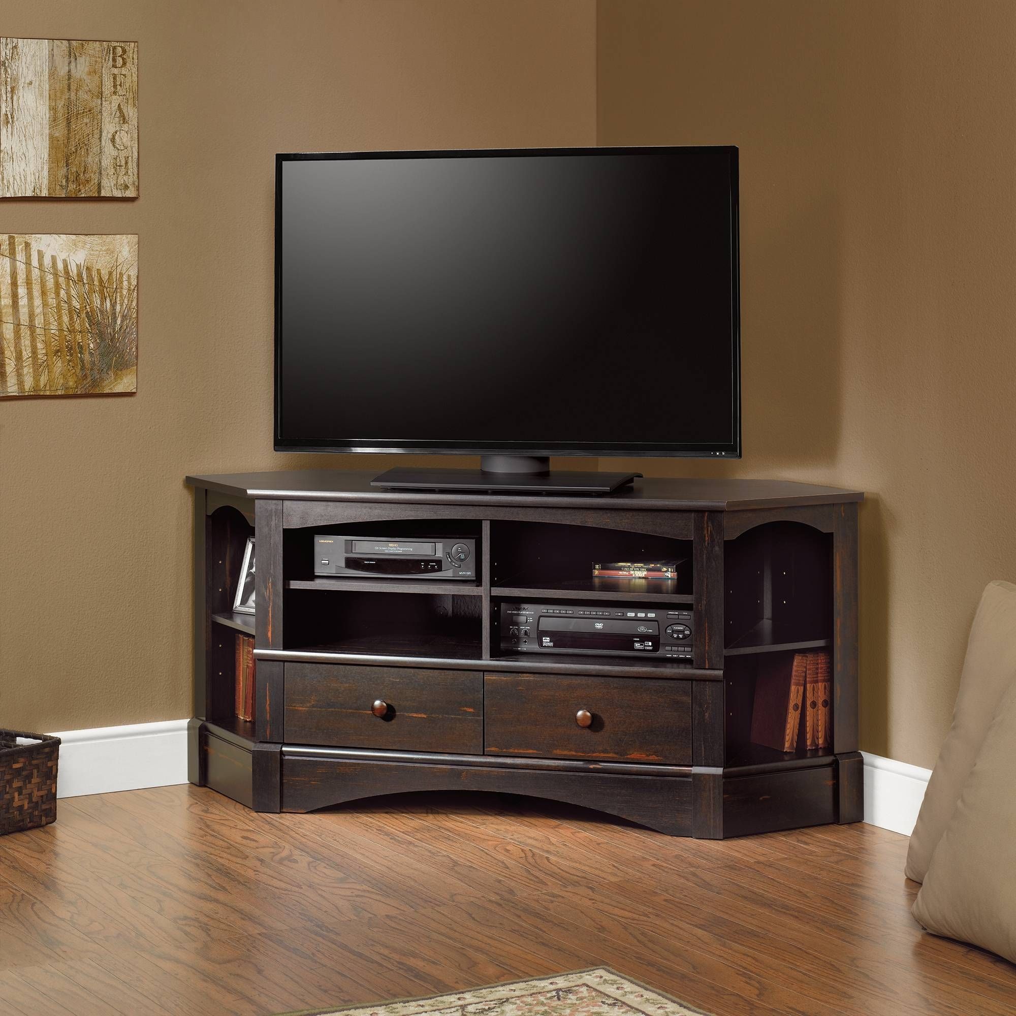 Fancy Matte Varnished Dark Oak Wood Tall Corner Tv Stand For Regarding Fancy Tv Stands (View 7 of 15)