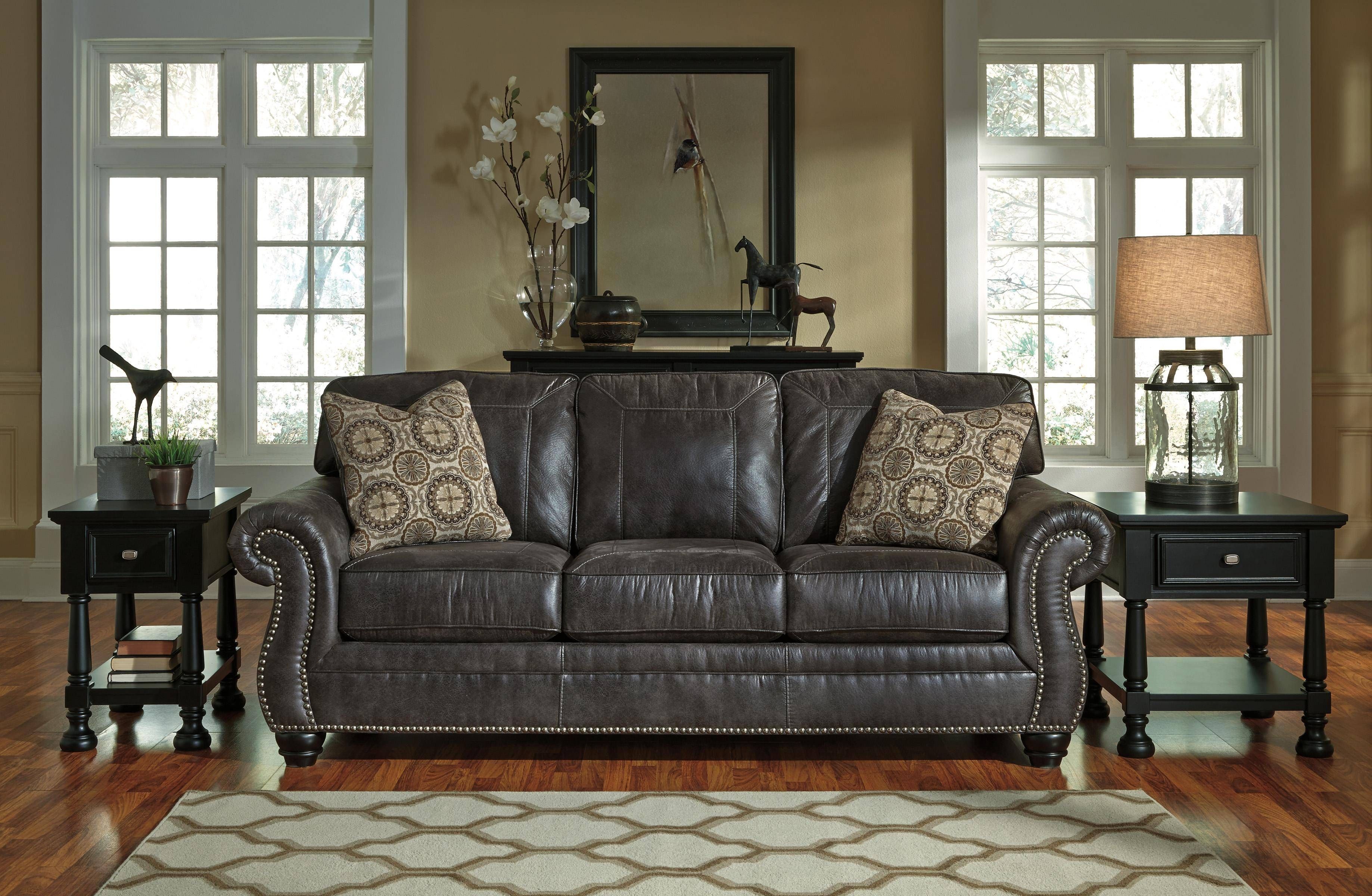 Faux Leather Queen Sofa Sleeper With Rolled Arms And Nailhead Trim Within Benchcraft Leather Sofas (View 8 of 15)