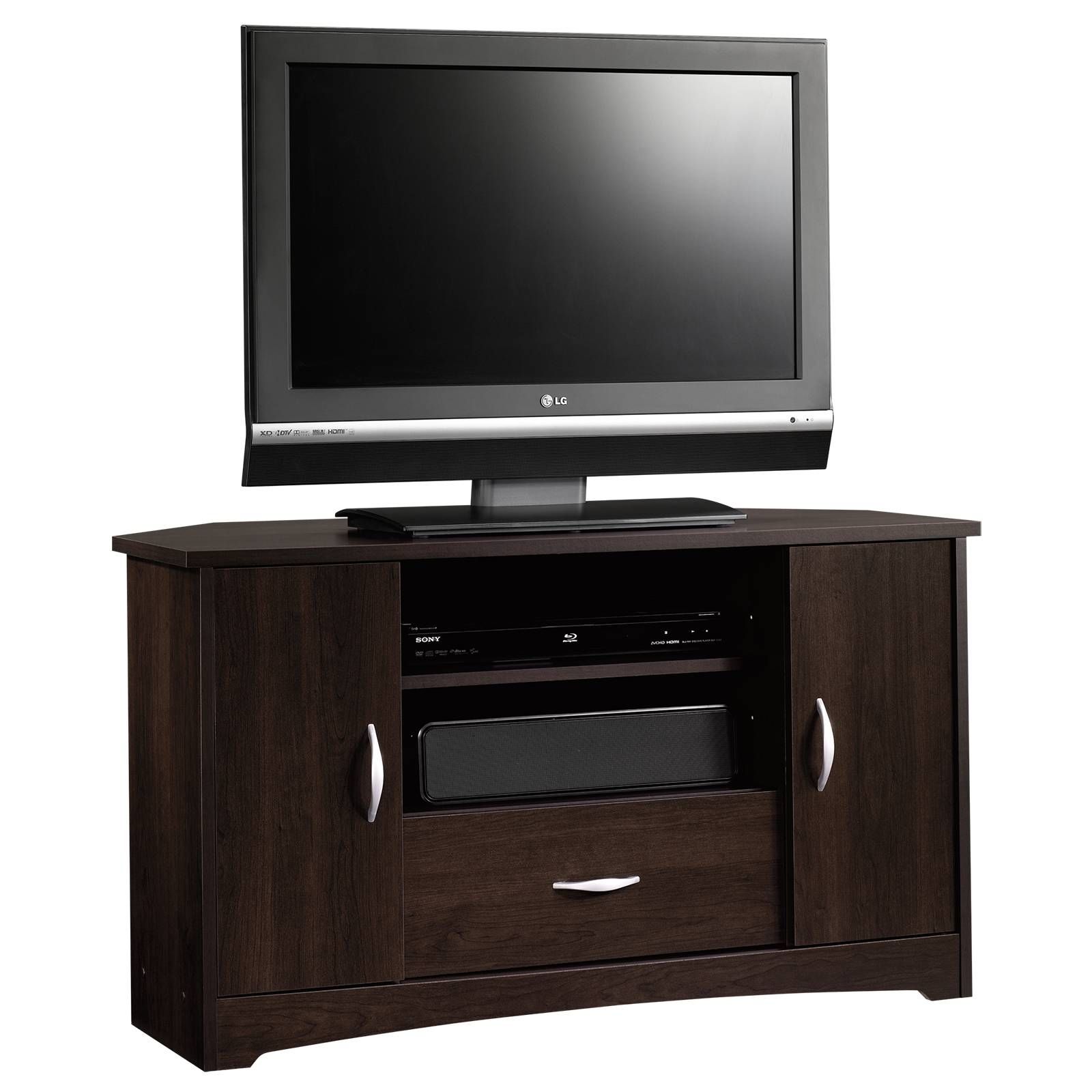 Furniture. Alluring Modern Corner Tv Stand For Minimalist Intended For Dark Brown Corner Tv Stands (Photo 14 of 15)