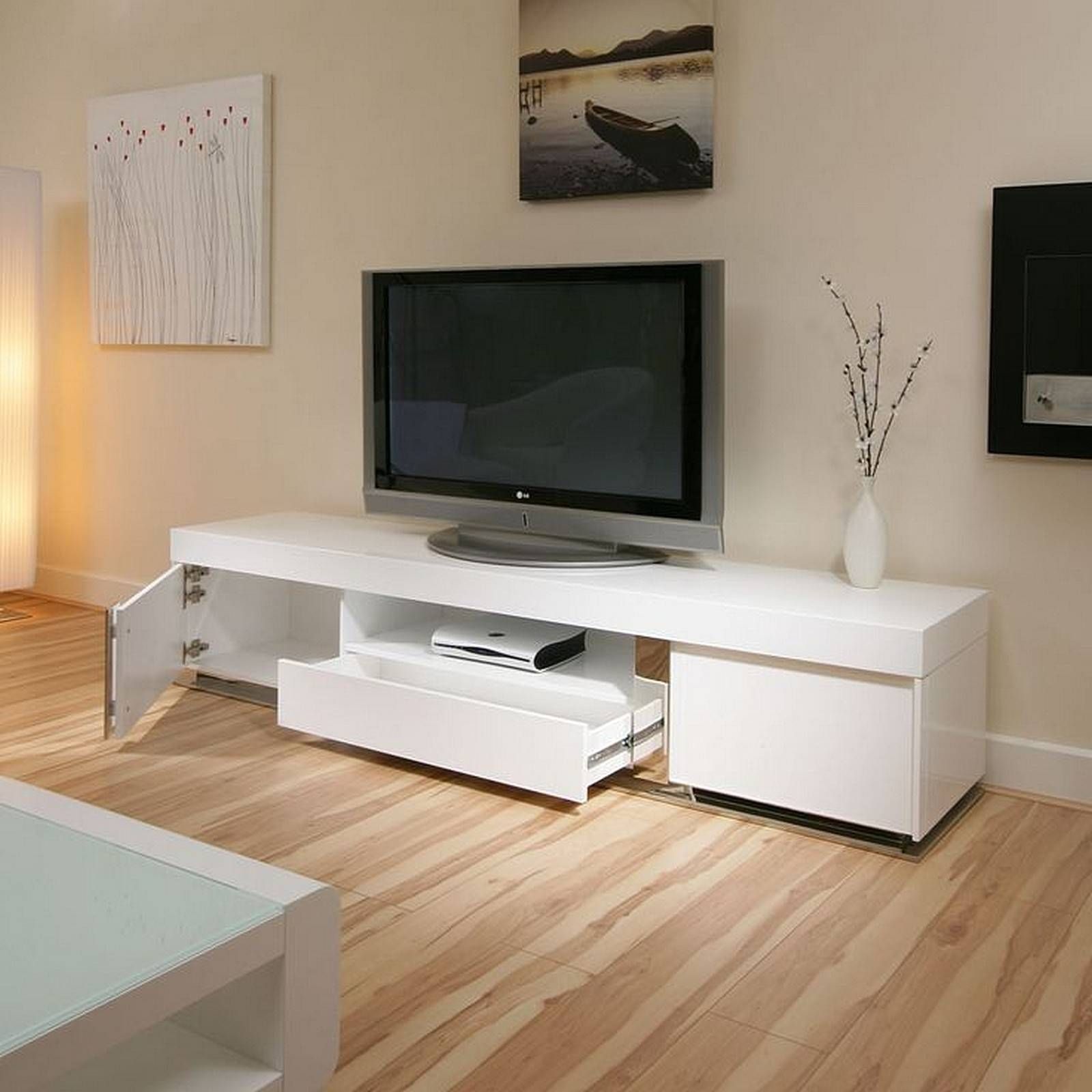Furniture: Delightful Design Tv Stand Ideas Rectangle Shape White With Regard To Single Shelf Tv Stands (View 1 of 15)
