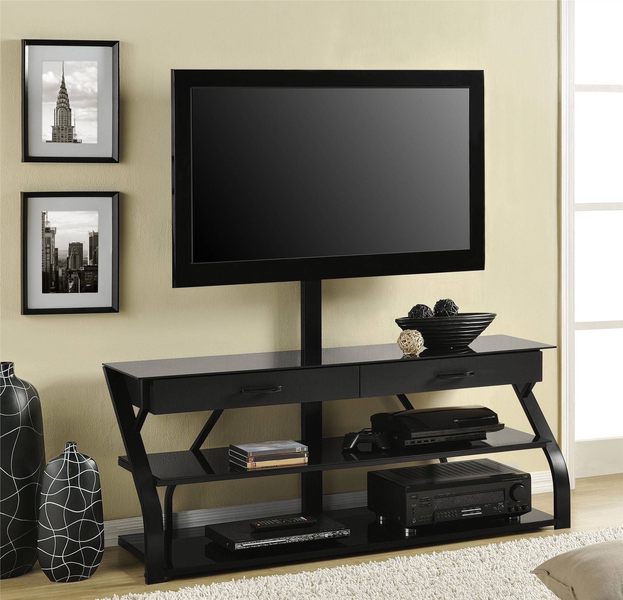 Furniture. Modern Tv Black Tv Stand With Chromed Metal Leg Within Modern Tv Stands With Mount (Photo 7 of 15)