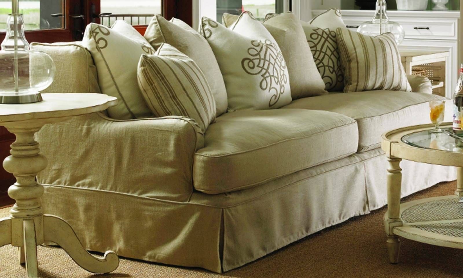Furniture. Sure Fit White Slip Covered Sofa Bed With Two Cushions Pertaining To Patterned Sofa Slipcovers (Photo 12 of 15)