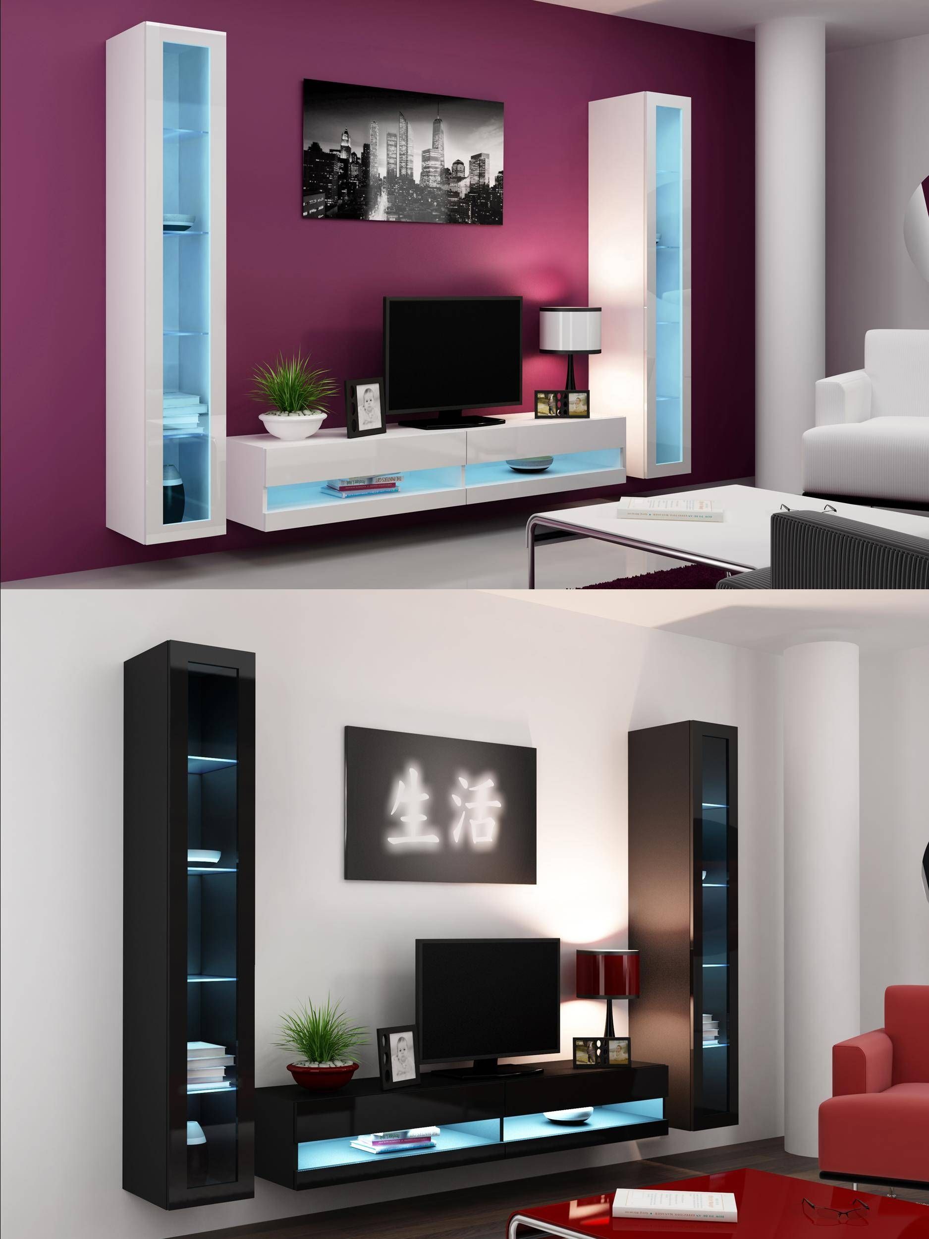 High Gloss Living Room Set With Led Lights, Tv Stand, Wall Mounted In Tv Cabinets And Wall Units (View 2 of 15)