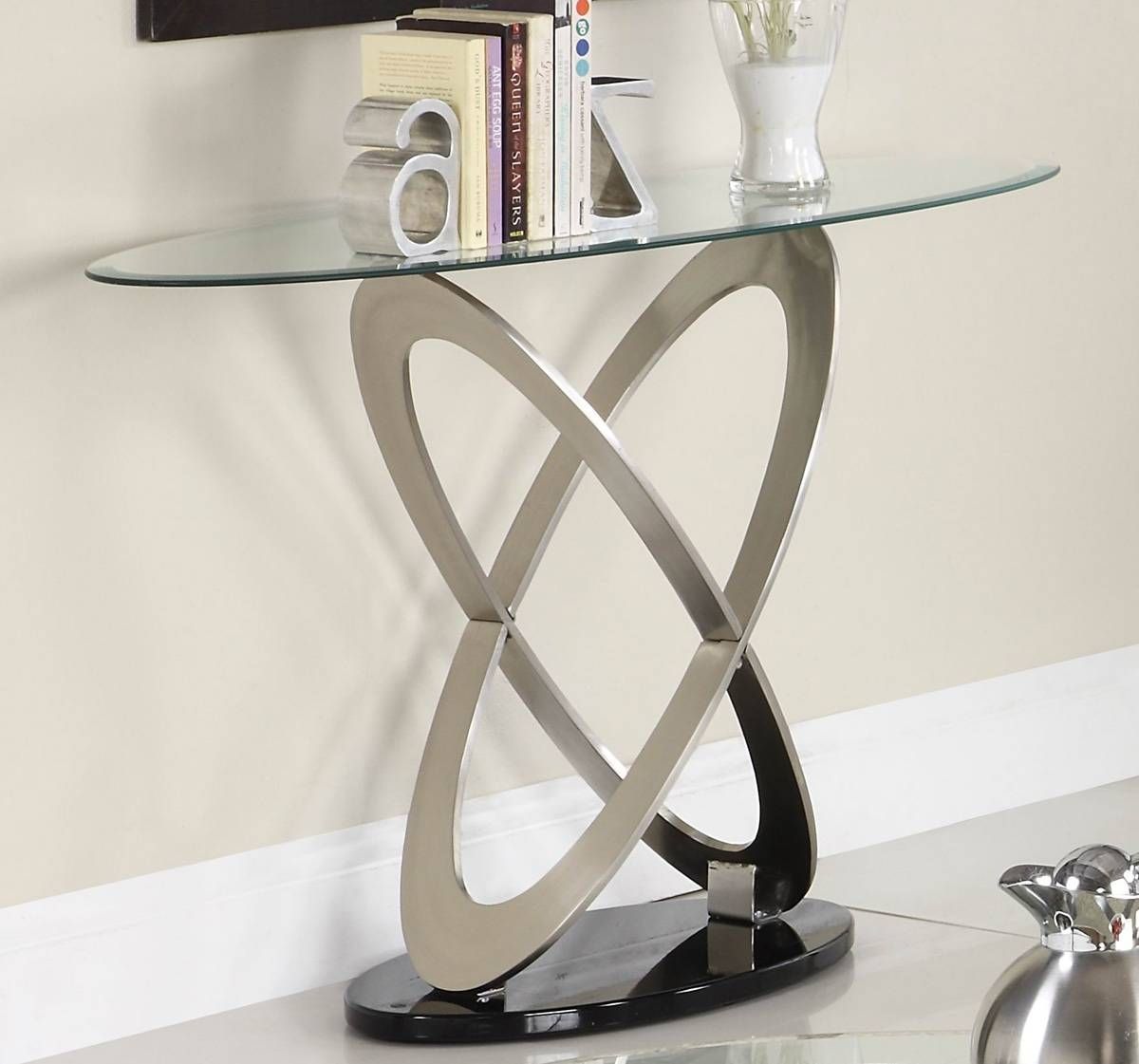 Homelegance Firth Oval Glass Sofa Table In Chrome & Black Metal Intended For Chrome Sofa Tables (View 3 of 15)