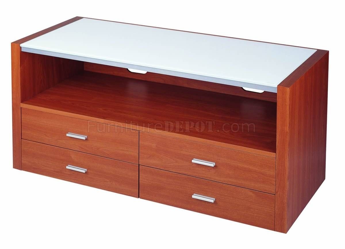 Light Cherry Finish Modern Tv Stand W/frosted Glass Top In Light Cherry Tv Stands (Photo 5 of 15)