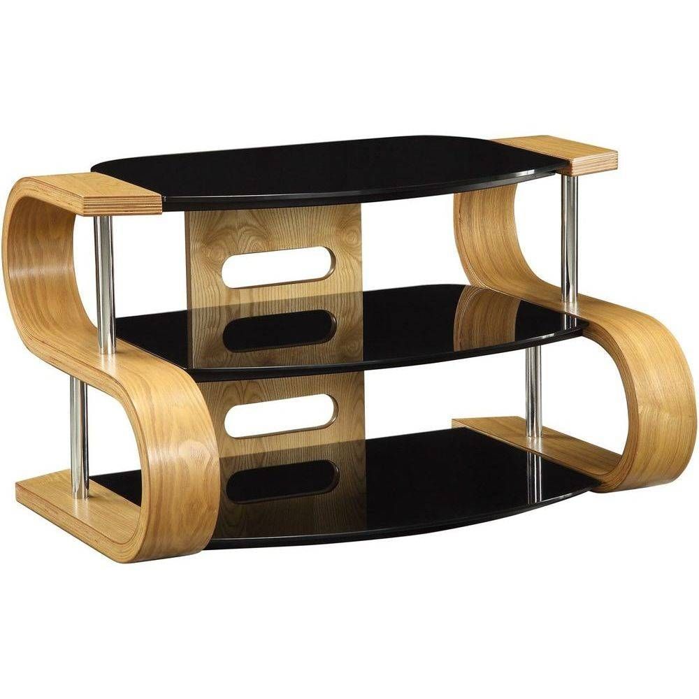 Light Oak Wooden Tv Stand 3 Tier Black Glass Shelves Within Glass And Oak Tv Stands (View 6 of 15)