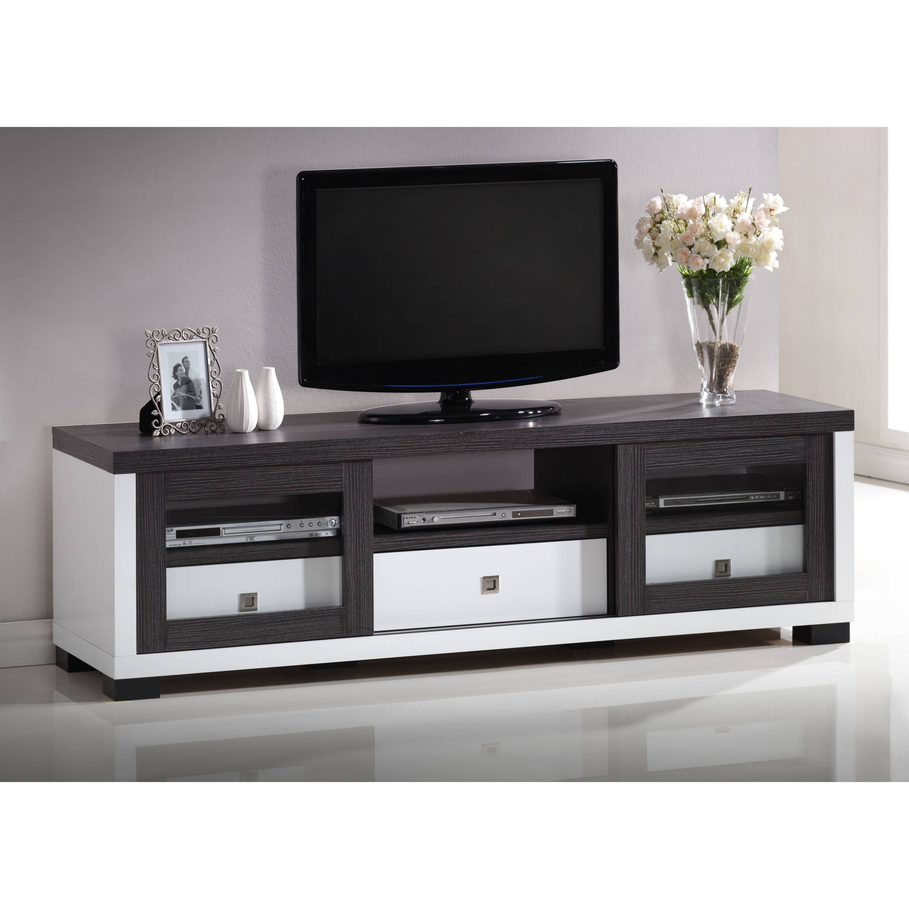 Long Short Black And White Tv Stand With Glass Doors Plus Drawer For Black Tv Cabinets With Drawers (View 7 of 15)