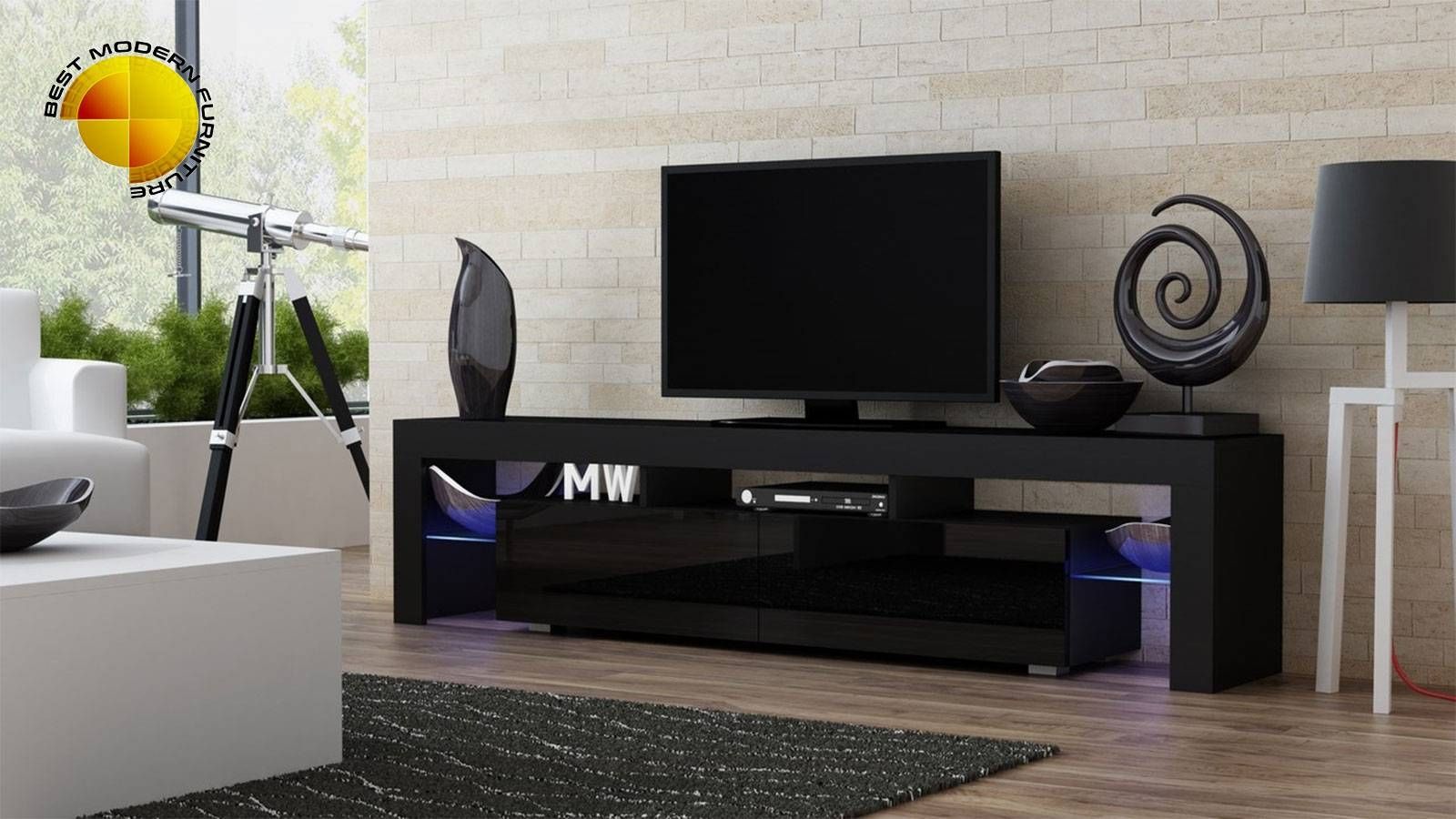 Modern Black Tv Stand, Tv027 Modern Tv Stand In Black High Gloss In White And Black Tv Stands (View 6 of 15)