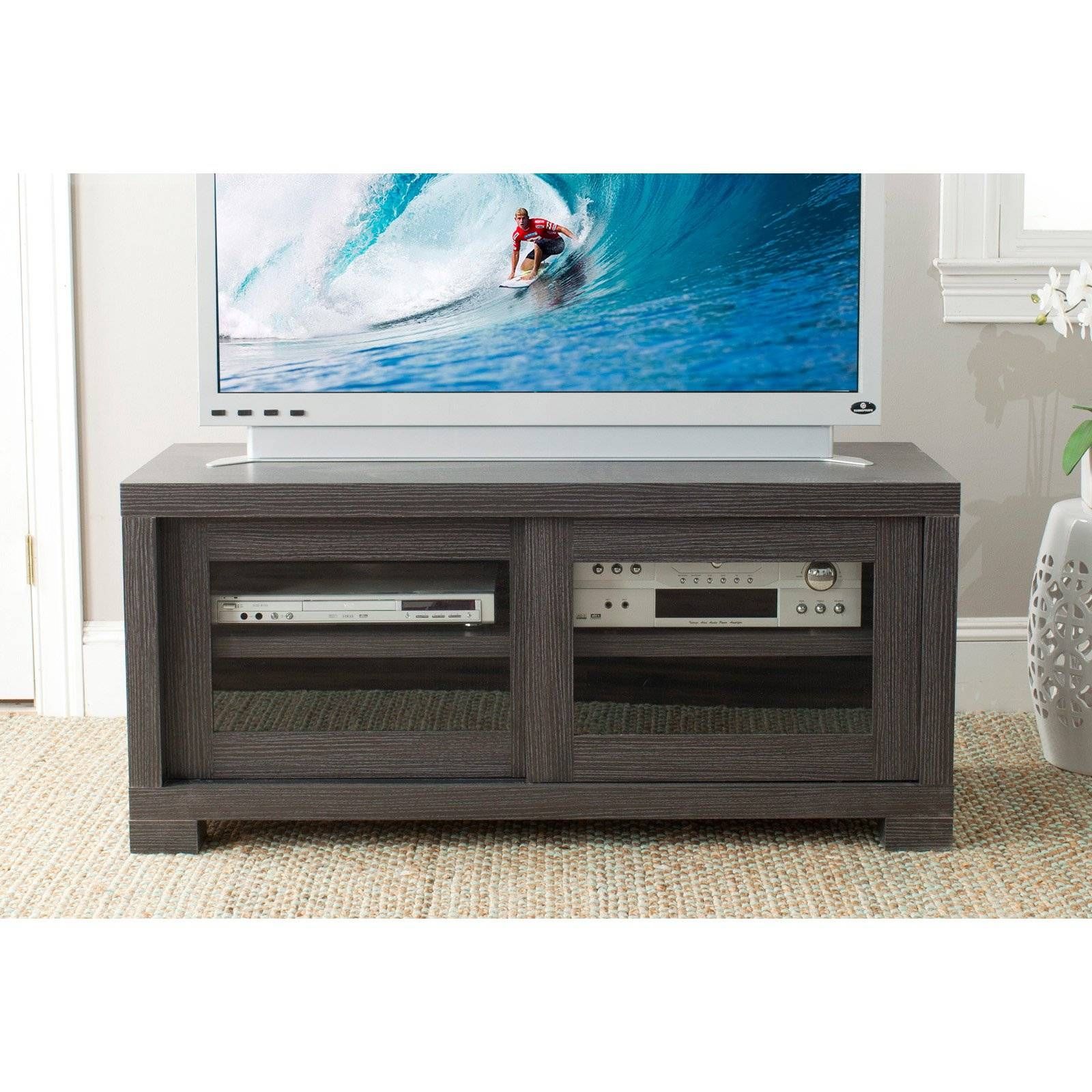 Modern Black Walnut Wood Tv Cabinet With Sliding Glass Doors Of Intended For Wooden Tv Stands And Cabinets (View 13 of 15)
