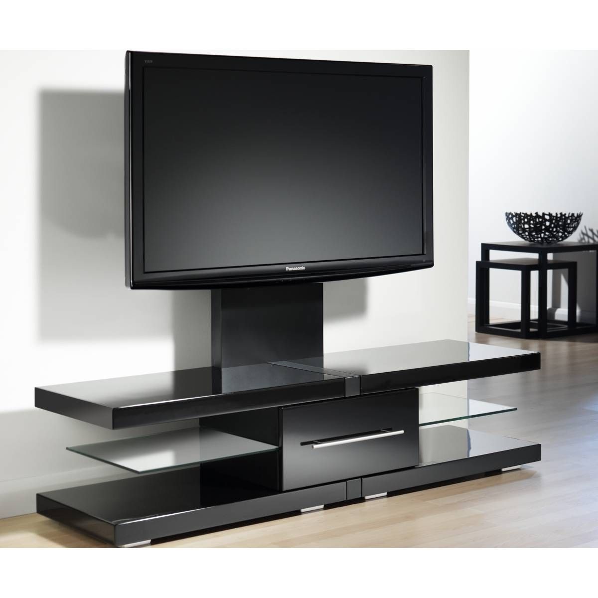 15 Best Long Black Tv Stands   Modern Glossy Black Flat Screen Tv Stand With Mount And Glass Within Long Black Tv Stands 