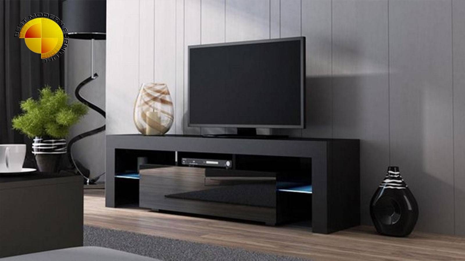 Modern Tv Stand 160cm High Gloss Cabinet Rgb Led Lights Black Unit Within Gloss Tv Stands (View 4 of 15)
