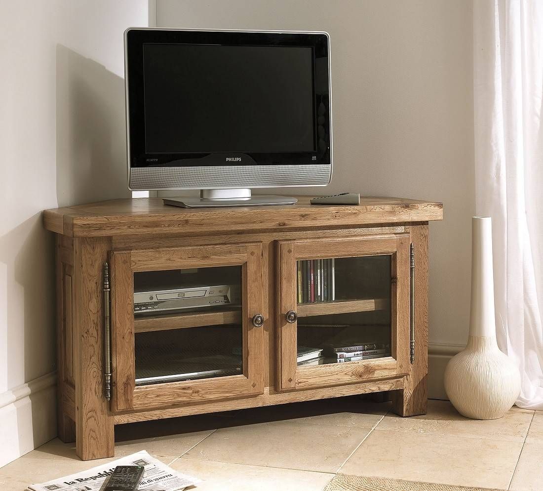 Oak Corner Tv Cabinet With Doors And Solid Wood Stand Throughout Dark Wood Corner Tv Cabinets (View 14 of 15)