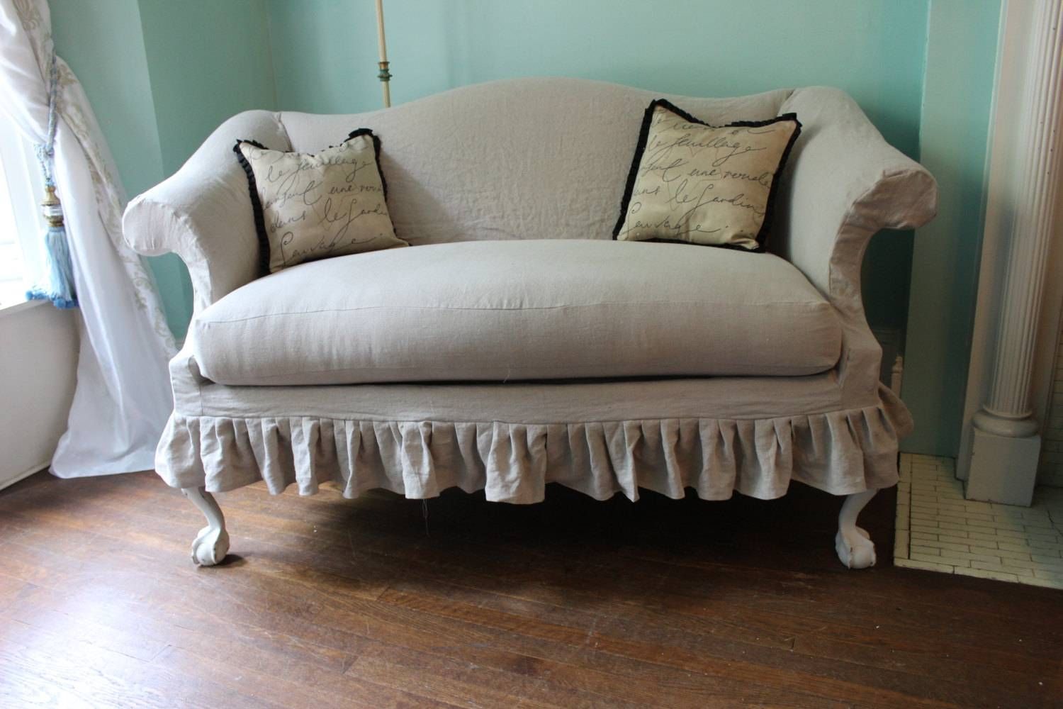 Old Reclining Loveseat Slipcover With White Color 2 Cushions And Regarding Camelback Slipcovers (View 3 of 15)