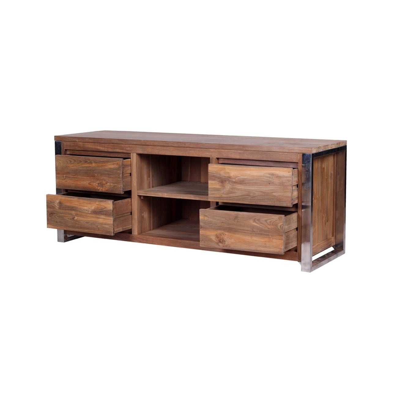 Rarem Reclaimed Wood Tv Stand – Reclaimed Teak And Stainless Steel Within Wood And Metal Tv Stands (Photo 9 of 15)