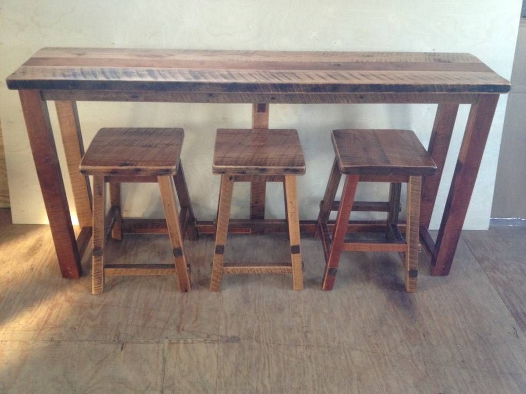 Reclaimed Barn Wood Breakfast Bar With 3 Stools For Counter Height Sofa Tables (View 2 of 15)