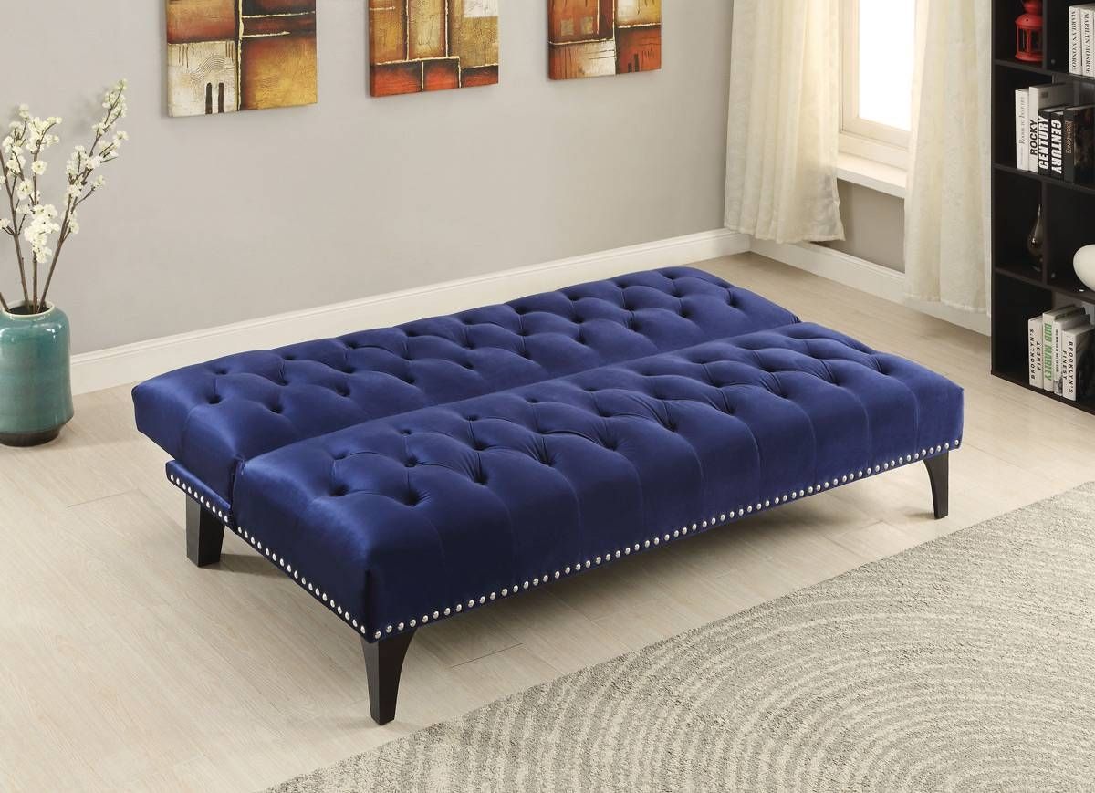 Royal Blue Velvet Tufted Sofa Bed Futon – Caravana Furniture Throughout Blue Velvet Tufted Sofas (View 8 of 15)