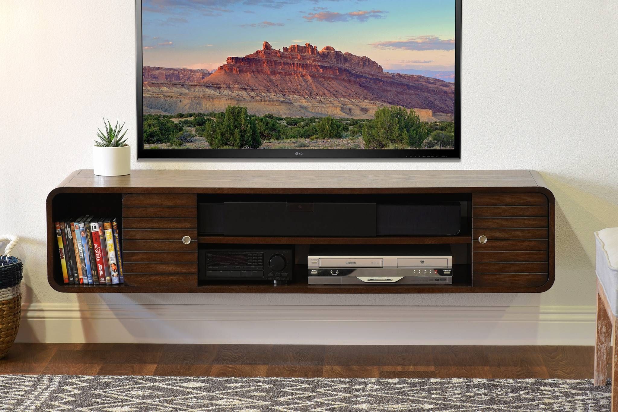 Rustic Brown Polished Oak Wood Wall Mounted Tv Cabinet Shelf With Inside Under Tv Cabinets (View 5 of 15)