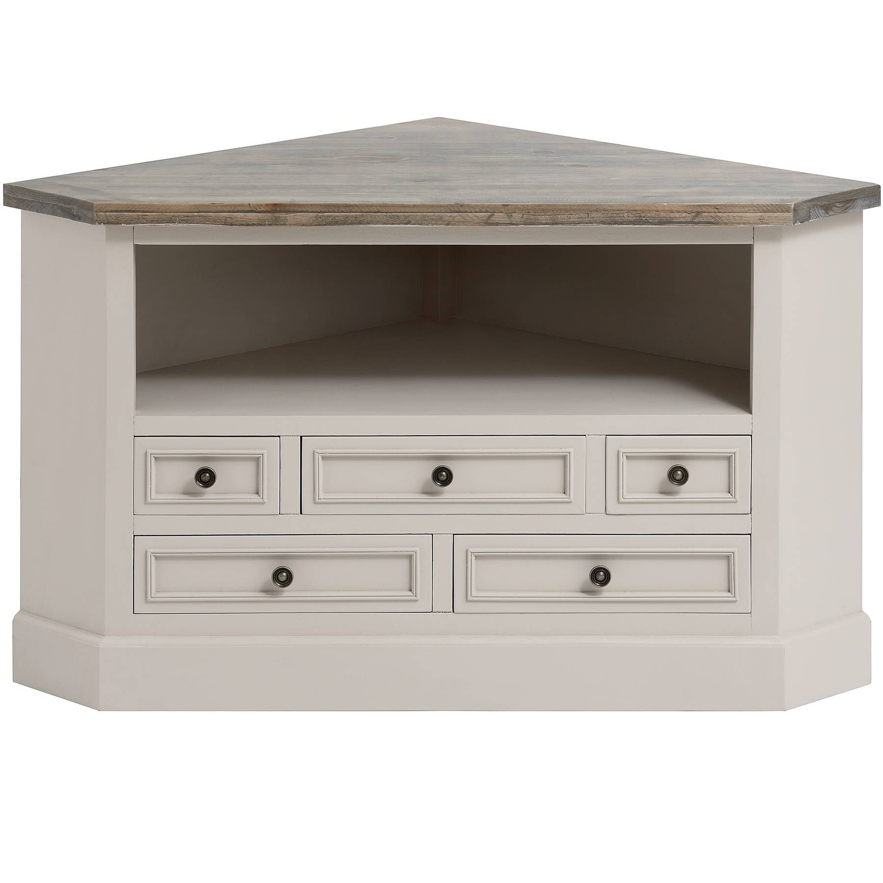 Rustic White Painted Walnut Wood Corner Tv Stand With Drawers Of Intended For White Corner Tv Cabinets (View 15 of 15)