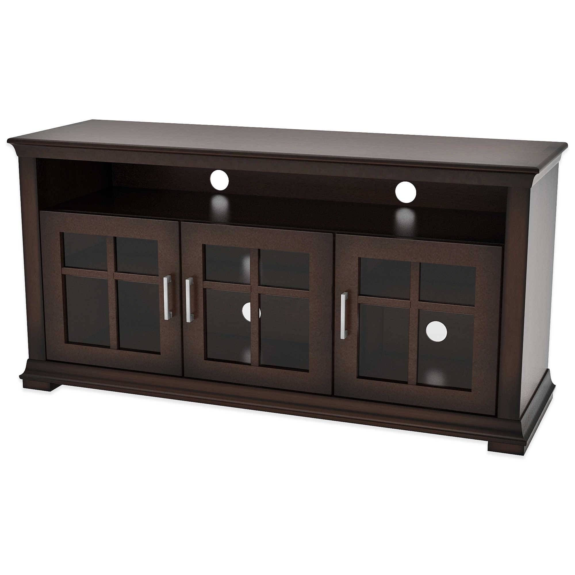 Short Espresso Wood Tv Stand With Triple Glass Doors And Open Regarding Dark Wood Tv Cabinets (View 2 of 15)