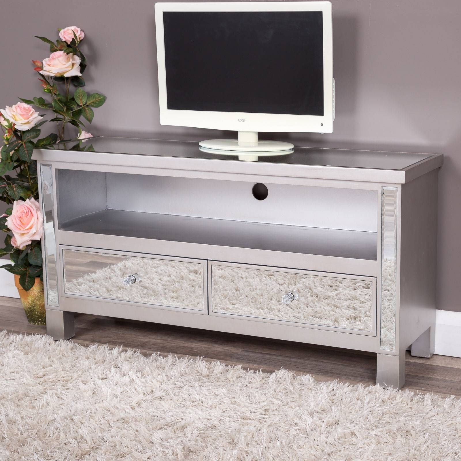 Silver Mirrored Glass 2 Drawer Tv Entertainment Cabinet Stand Unit Within Silver Tv Stands (View 1 of 15)