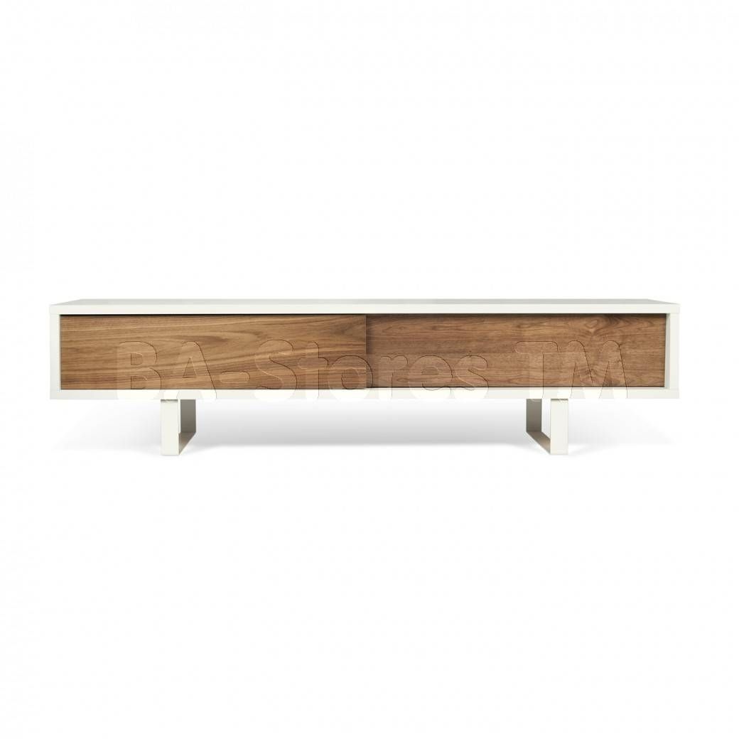 Slide Low Tv Stand | Pure White / Walnut | Tv Stands Th With Regard To Walnut Tv Cabinets With Doors (View 11 of 15)
