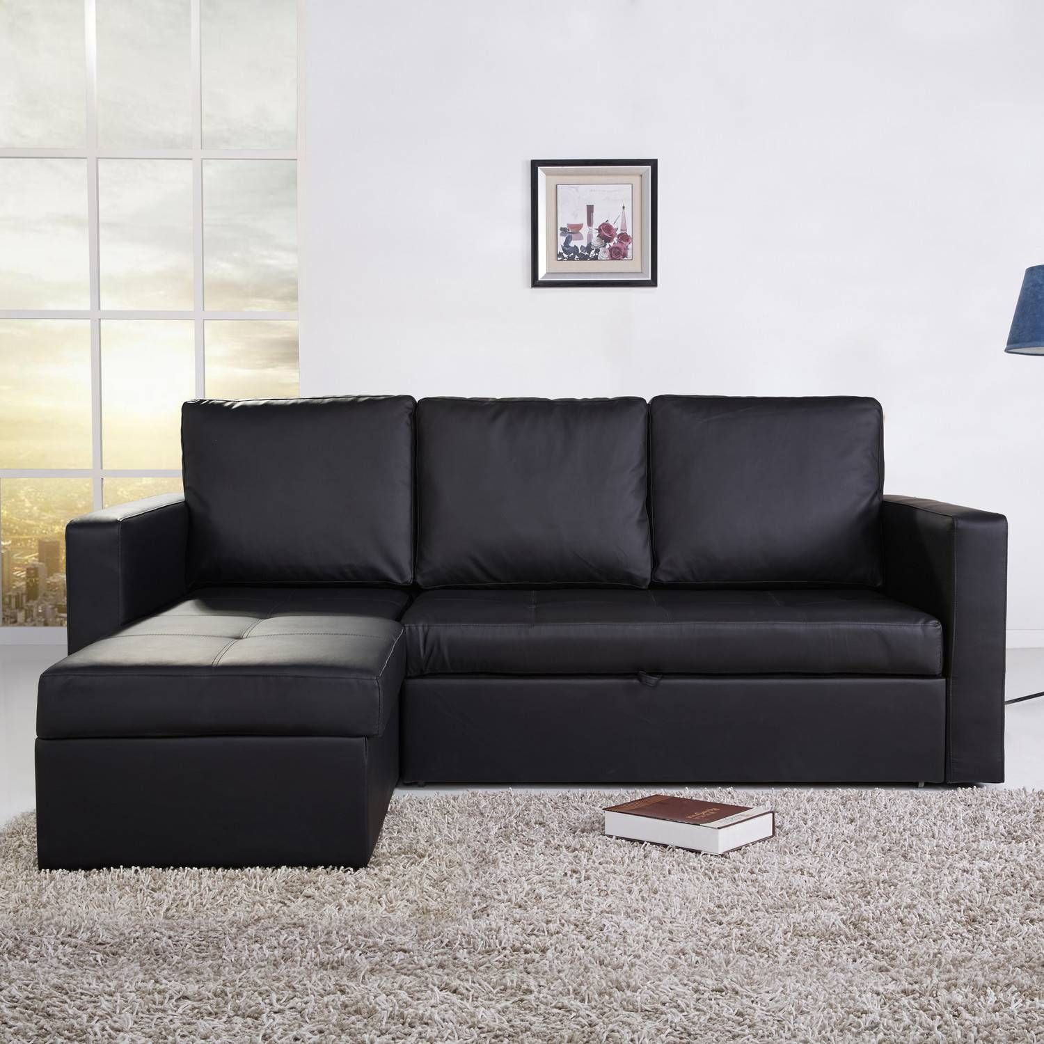 Small Black Leather Sectional Couch With Chaise And Pull Out Bed For Small Black Sofas (View 6 of 15)