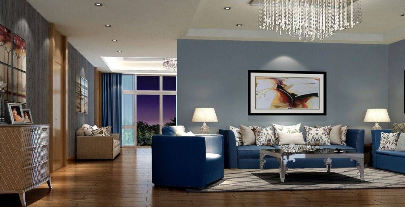 Spacious Living Room In Soft Blue Walls And Dark Blue Sofa : Blue With Regard To Living Room With Blue Sofas (View 7 of 15)