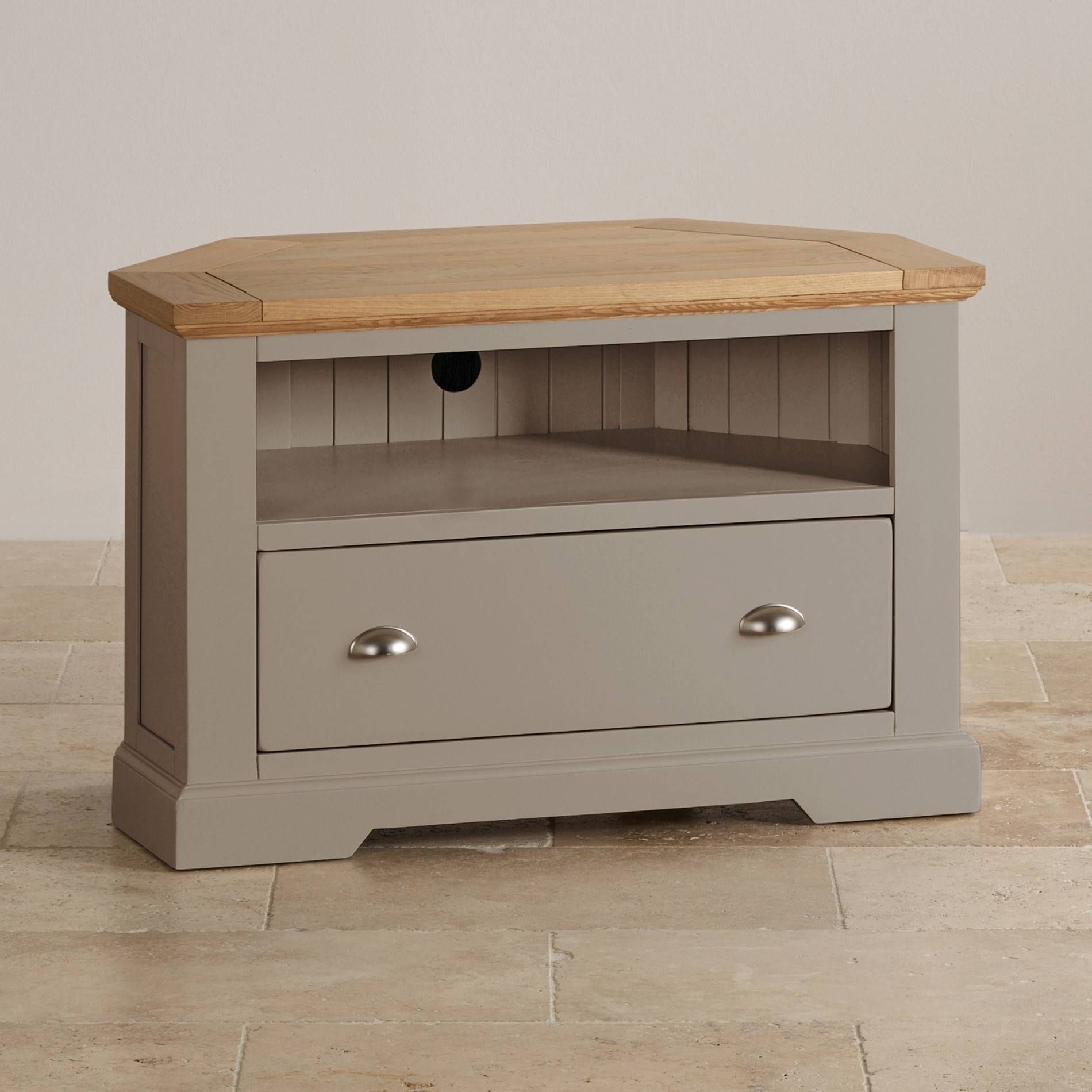St Ives Corner Tv Unit In Grey Painted Acacia With Oak Top Inside Light Oak Corner Tv Cabinets (View 1 of 15)