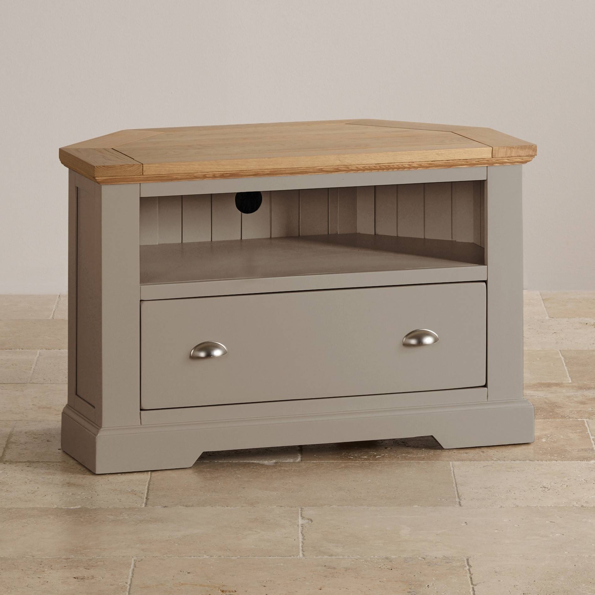 St Ives Corner Tv Unit In Grey Painted Acacia With Oak Top Inside Light Oak Corner Tv Cabinets (Photo 1 of 15)