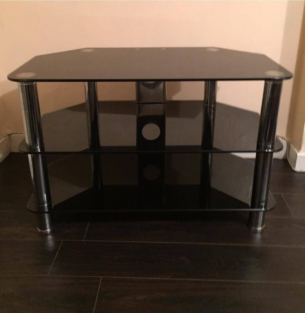 Stylish Black Glass Tv Stand 31" Three Tiers Shelves Stereo Coffee Inside Black Glass Tv Stands (Photo 4 of 15)