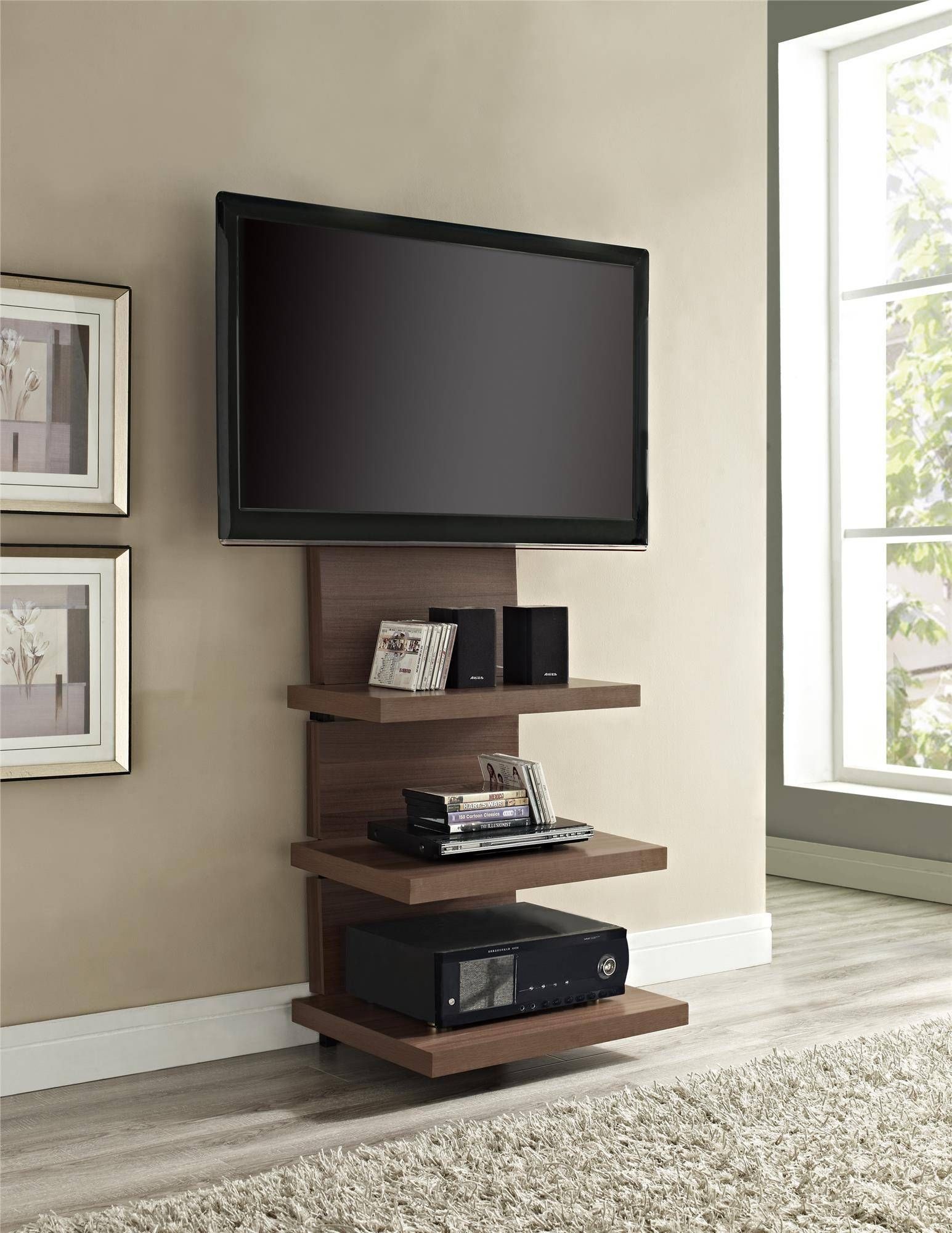Tall Wood Wall Mounted Tv Stand With Shelves And Mount For Flat With Unique Tv Stands For Flat Screens (Photo 5 of 15)