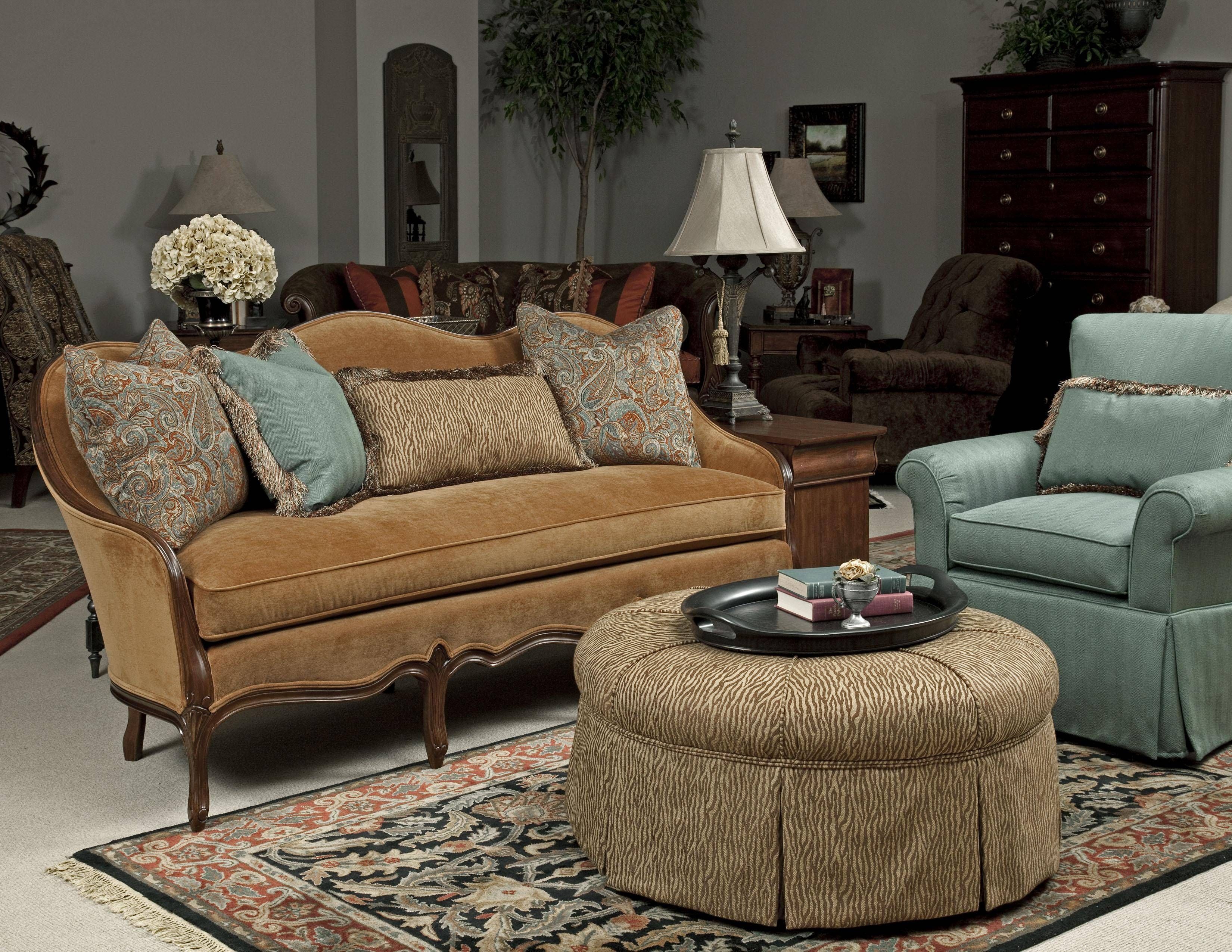 Traditional French Sofa With Exposed Wood Camel Back And Loose Pertaining To Camel Color Sofas (View 1 of 15)