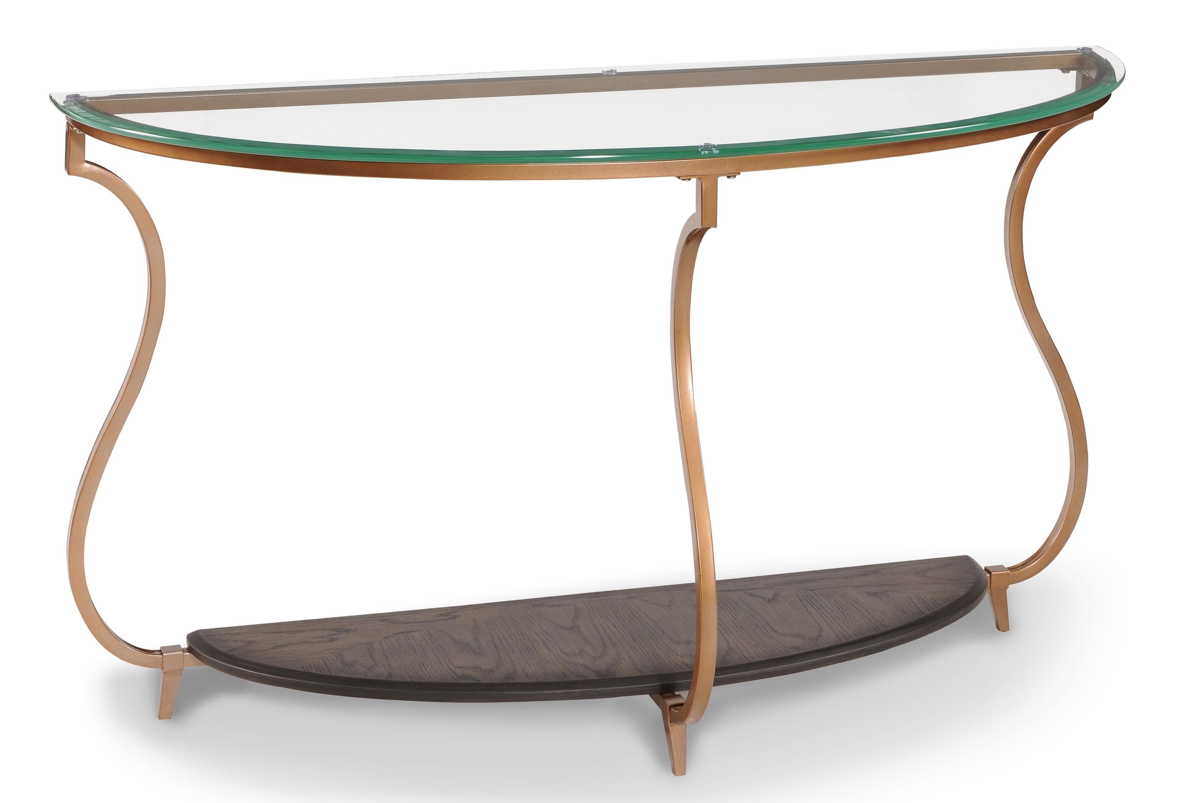 Transitional Demilune Sofa Table With Gold Finished Legs And Glass With Regard To Gold Sofa Tables (View 12 of 15)