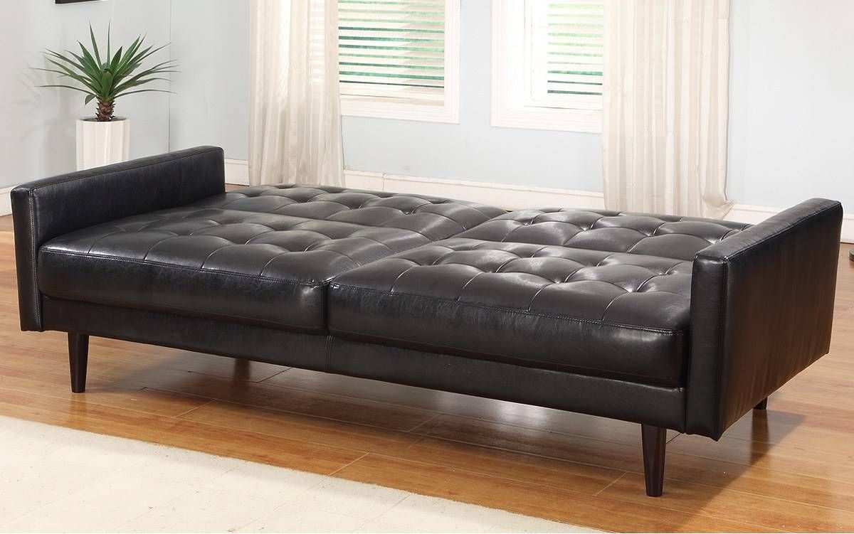 Tufted Leather Sleeper Sofa Bench Seat With Black Color And Wood Intended For Tufted Sleeper Sofas (View 12 of 15)