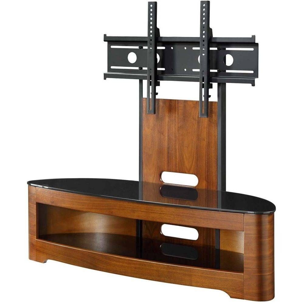 Walnut Light Wooden Stand W/ Mount Bracket Black Glass With Regard To Curve Tv Stands (View 4 of 15)
