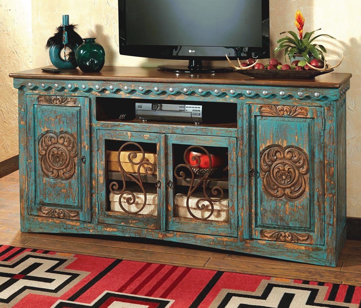 Western Furniture: Santa Maria Turquoise Entertainment Console Pertaining To Rustic Tv Stands (View 8 of 15)